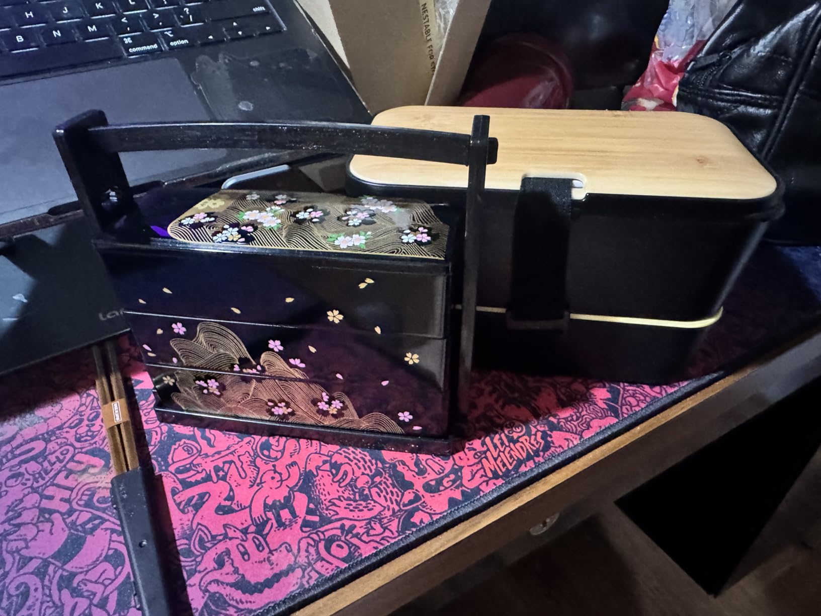 JapanBargain 1951, Made in Japan Three-Tier Japanese Lunch Bento Box with Chopsticks, Lacquered Sakura Cherry Blossom Design customer photo 2