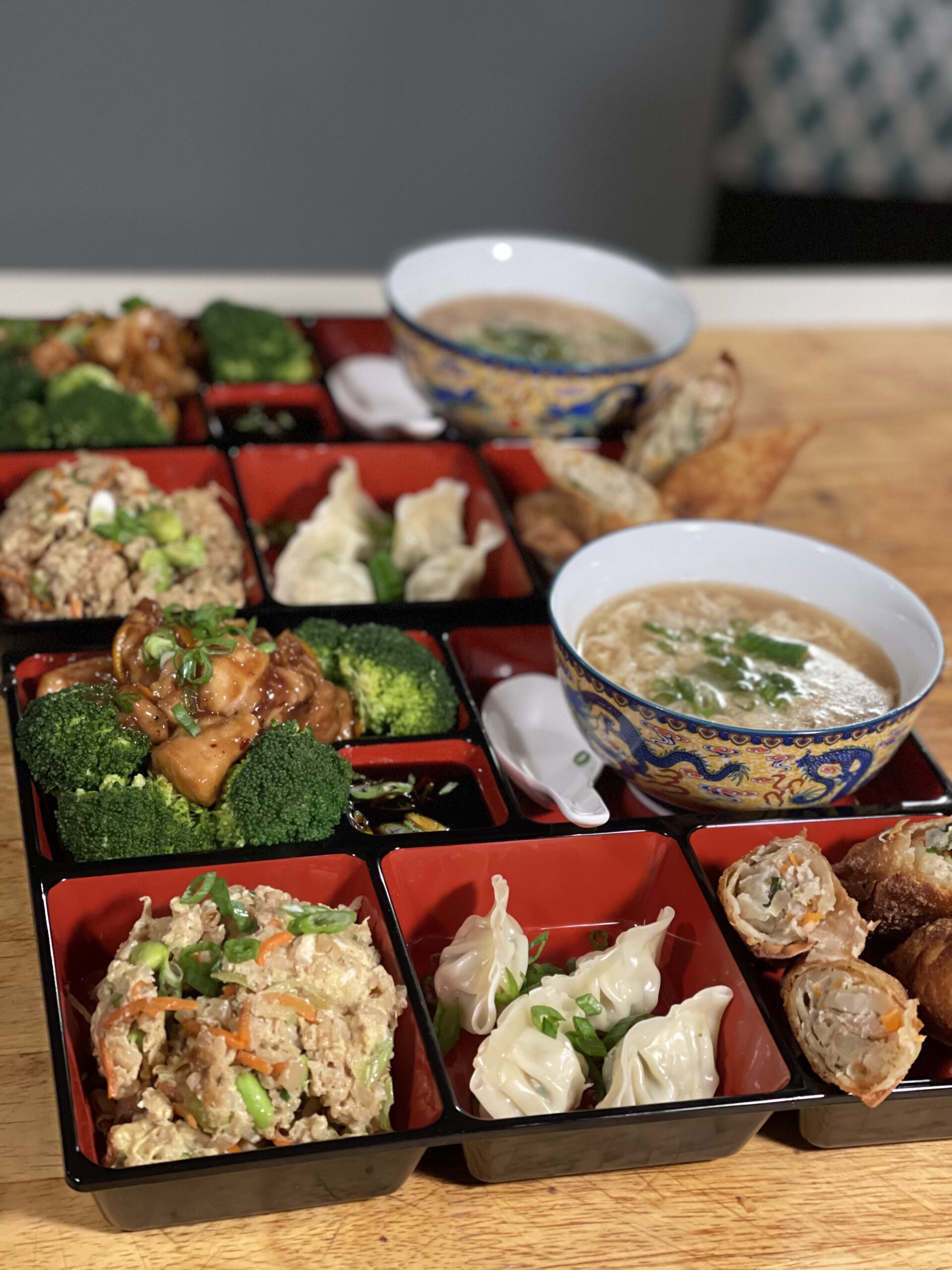 JapanBargain 1594, Lunch Bento Box 6 Compartments Japanese Traditional Plastic Lacquered for Restaurant or Home Made in Japan Red and Black Color 11.75