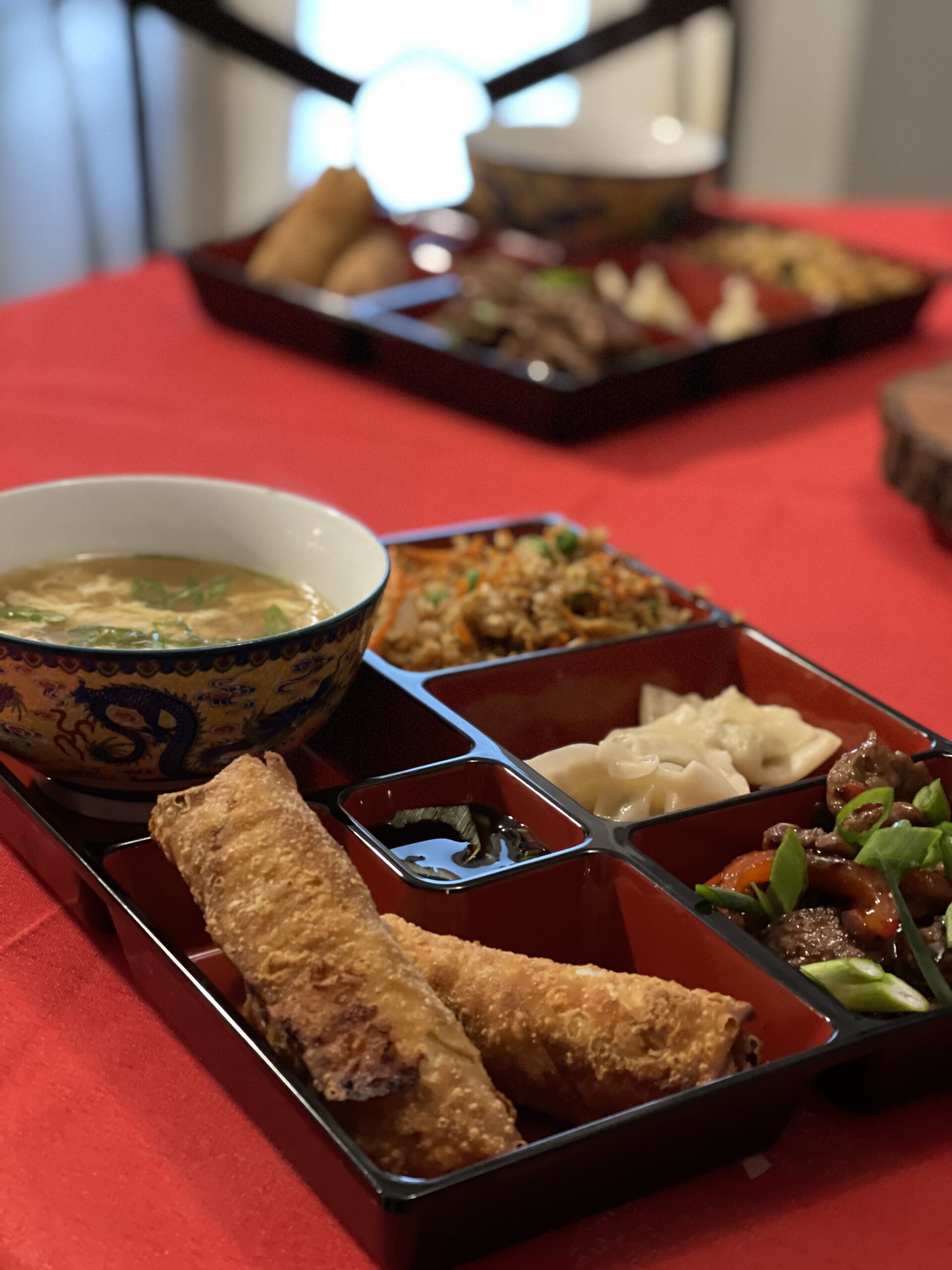 JapanBargain 1594, Lunch Bento Box 6 Compartments Japanese Traditional Plastic Lacquered for Restaurant or Home Made in Japan Red and Black Color 11.75