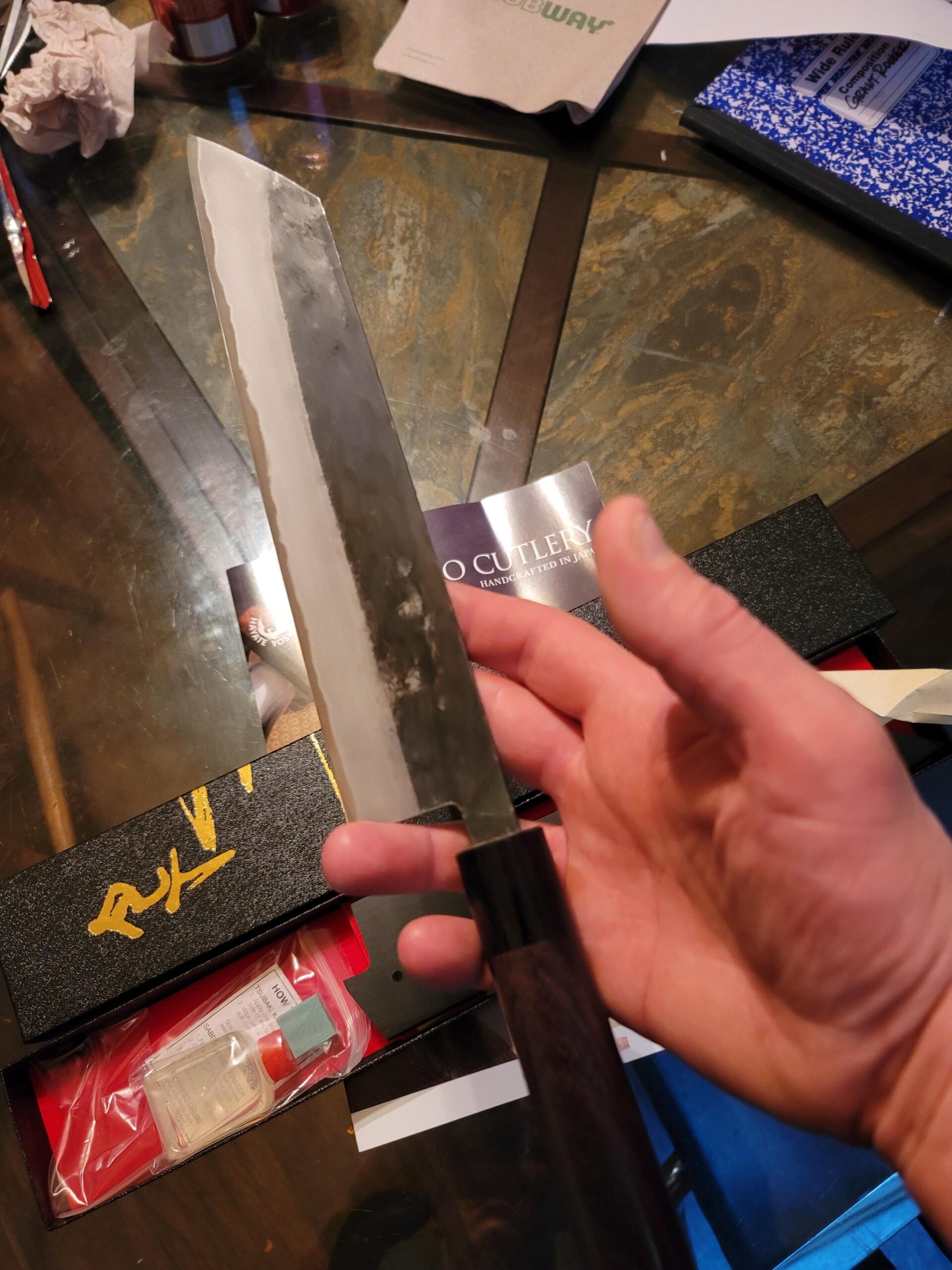 Yoshihiro VG-10 46 Layers Hammered Damascus Gyuto Japanese Chefs Knife Octagonal Turquoise Blue Handle 8.25