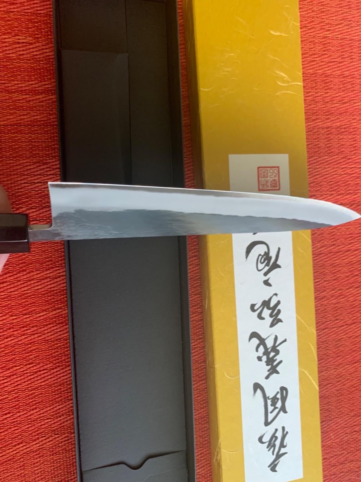 Yoshihiro Kurouchi Black-Forged Blue Steel Stainless Clad Gyuto Chefs Knife Ebony Handle (8.25'' (210mm) & Saya) customer photo 1