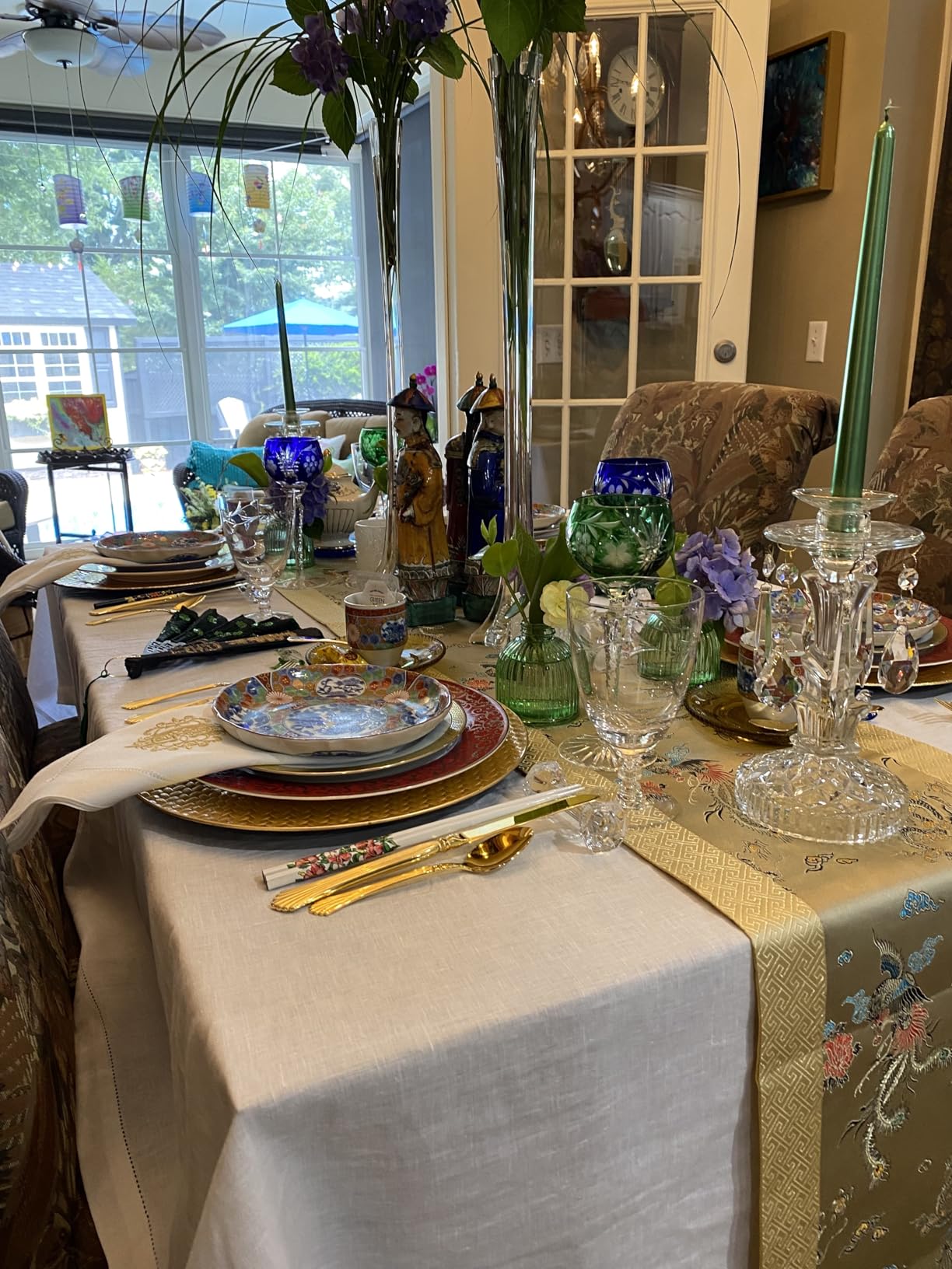 Silk Elegant Table Runner Golden Traditional Embroidery Chinese Dragon and Phoenix Pattern 91x13 inches customer photo 1