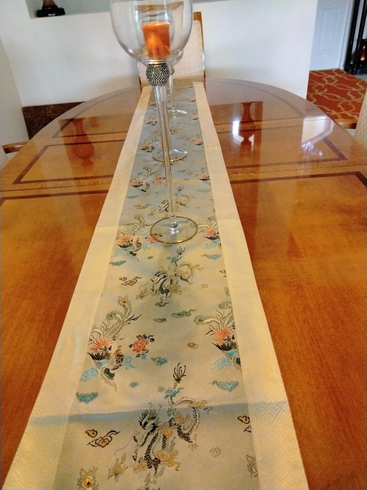 Silk Elegant Table Runner Golden Traditional Embroidery Chinese Dragon and Phoenix Pattern 91x13 inches customer photo 2