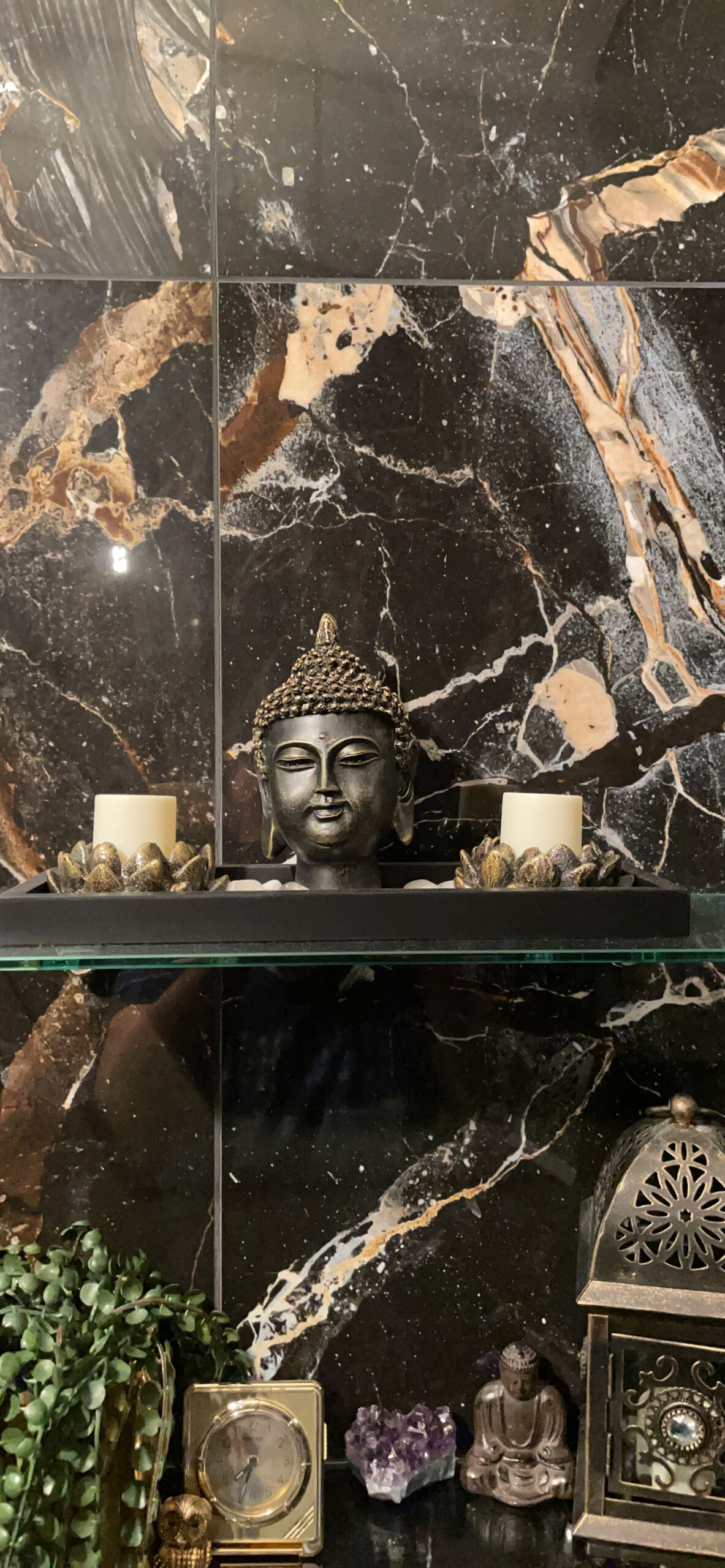 MyGift Black Buddha Head Sculpture Zen Garden Set with Lotus Tealight Candle Holders and Wooden Display Tray, Decorative Tabletop Home Accent customer photo 1
