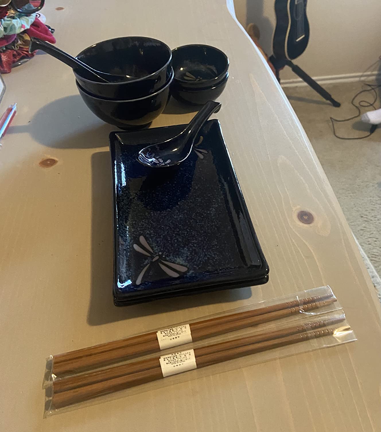 Ebros Gift Japanese Mino Ware Tombo Dragonfly Blue Porcelain Sushi Dinnerware 10pc Set For 2 People Pairs of Sushi Plates Soup And Sauce Bowls Bamboo Chopsticks Asian Soup Spoons Housewarming Gift customer photo 1