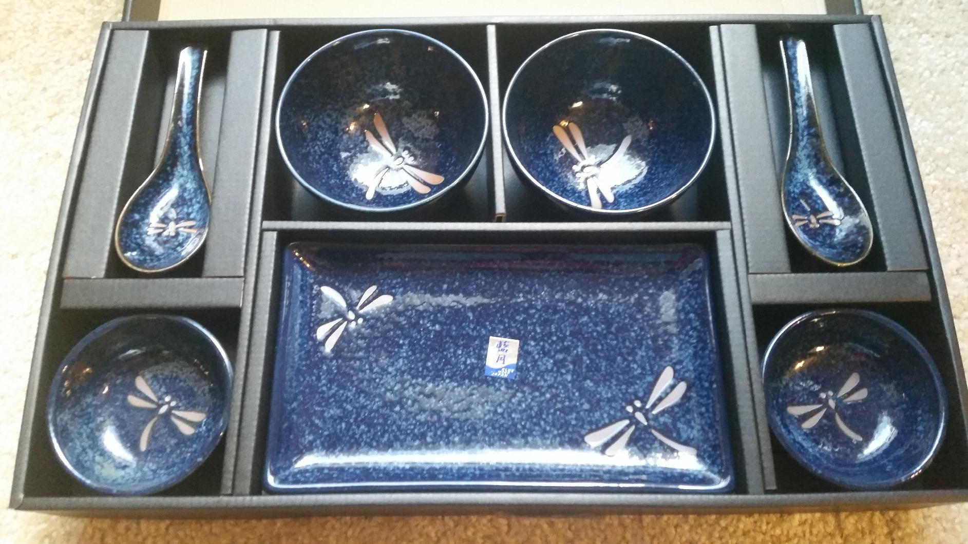 Ebros Gift Japanese Mino Ware Tombo Dragonfly Blue Porcelain Sushi Dinnerware 10pc Set For 2 People Pairs of Sushi Plates Soup And Sauce Bowls Bamboo Chopsticks Asian Soup Spoons Housewarming Gift customer photo 2