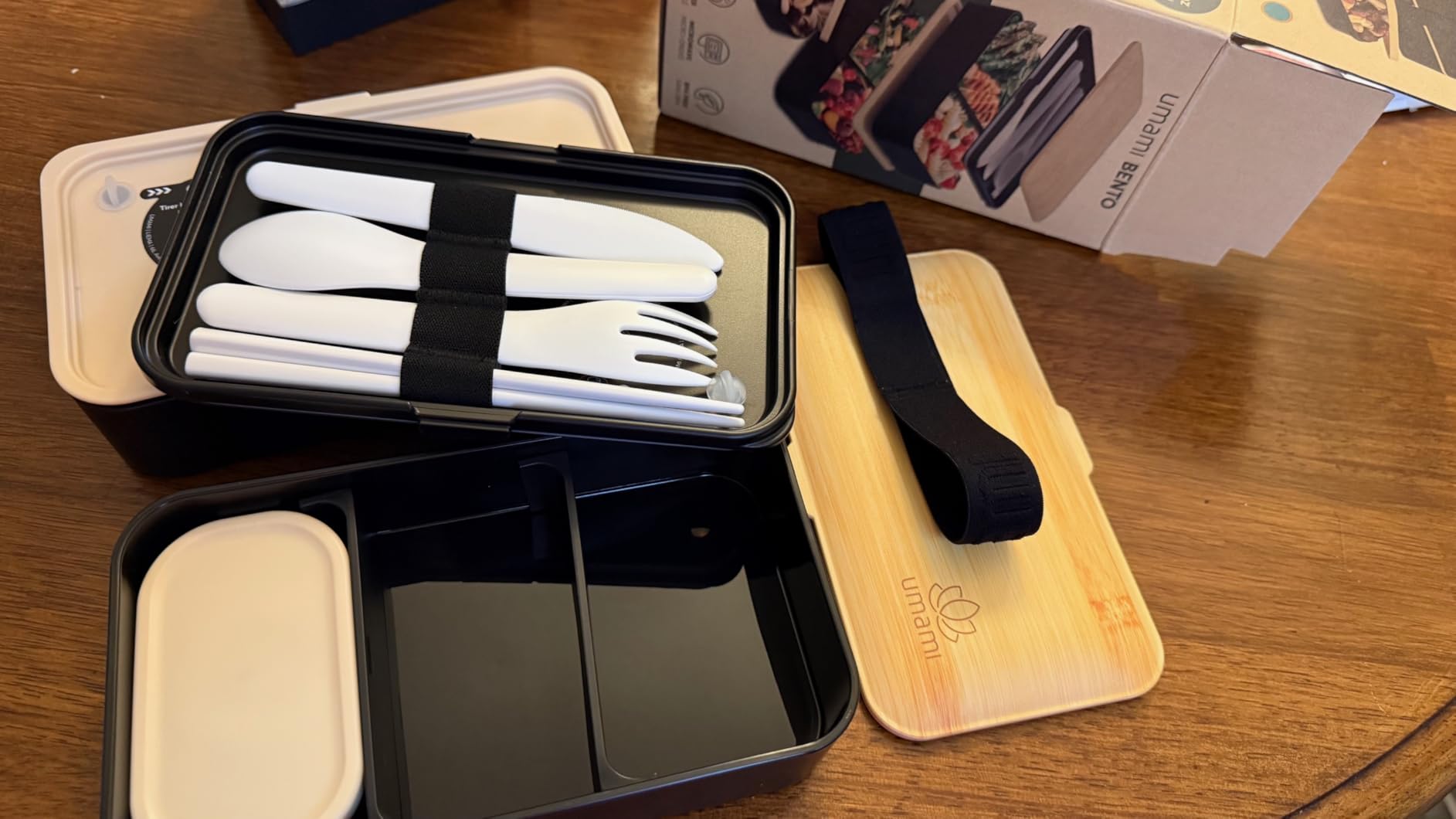 Bento Box All-in-1 w/ 4 Utensils, 100% Leakproof, Dishwasher & Microwave Safe Lunch Containers for Adults w/ 4 Compartments, Black & Tan, 50 oz customer photo 2