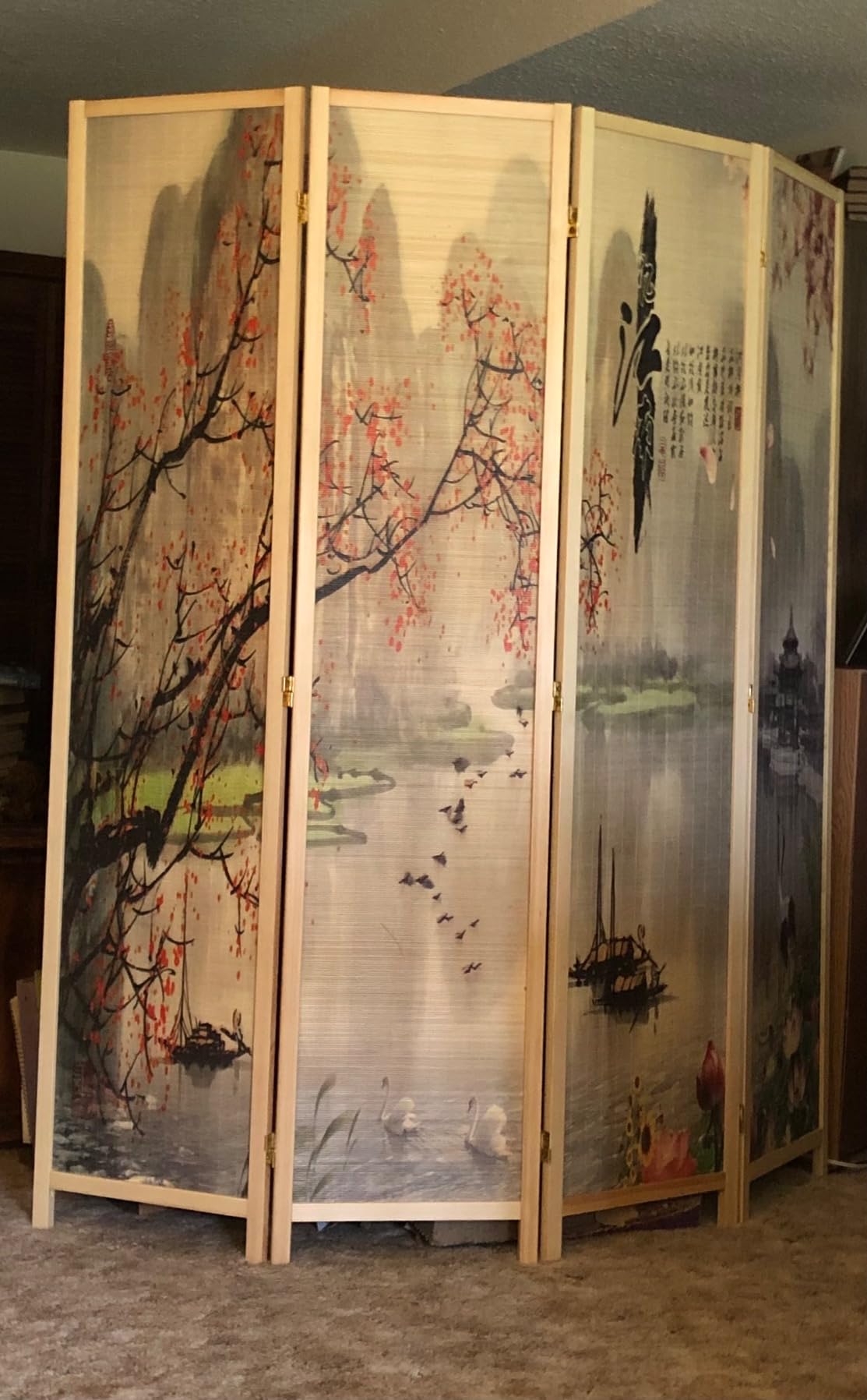 MyGift 4-Panel Folding Bamboo Room Divider Asian-Inspired Cherry Blossom Scene, 6 FT Freestanding Floral Artwork Room Partitioner with Beige Wood Frame customer photo 2