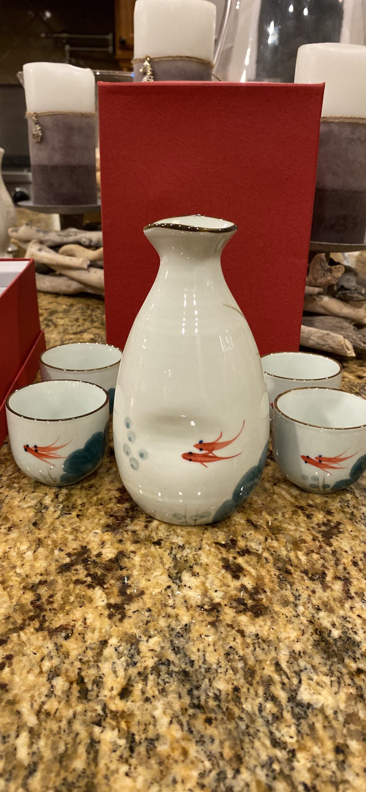 Japanese Sake Set 5 Pieces Traditional Sake Cup Set 4 Sake Cups 50ml and Sake Bottle 350ml Hand Painted Design Porcelain Pottery Ceramic Soju Cups Saki Glasses (Gold Fish) customer photo 1