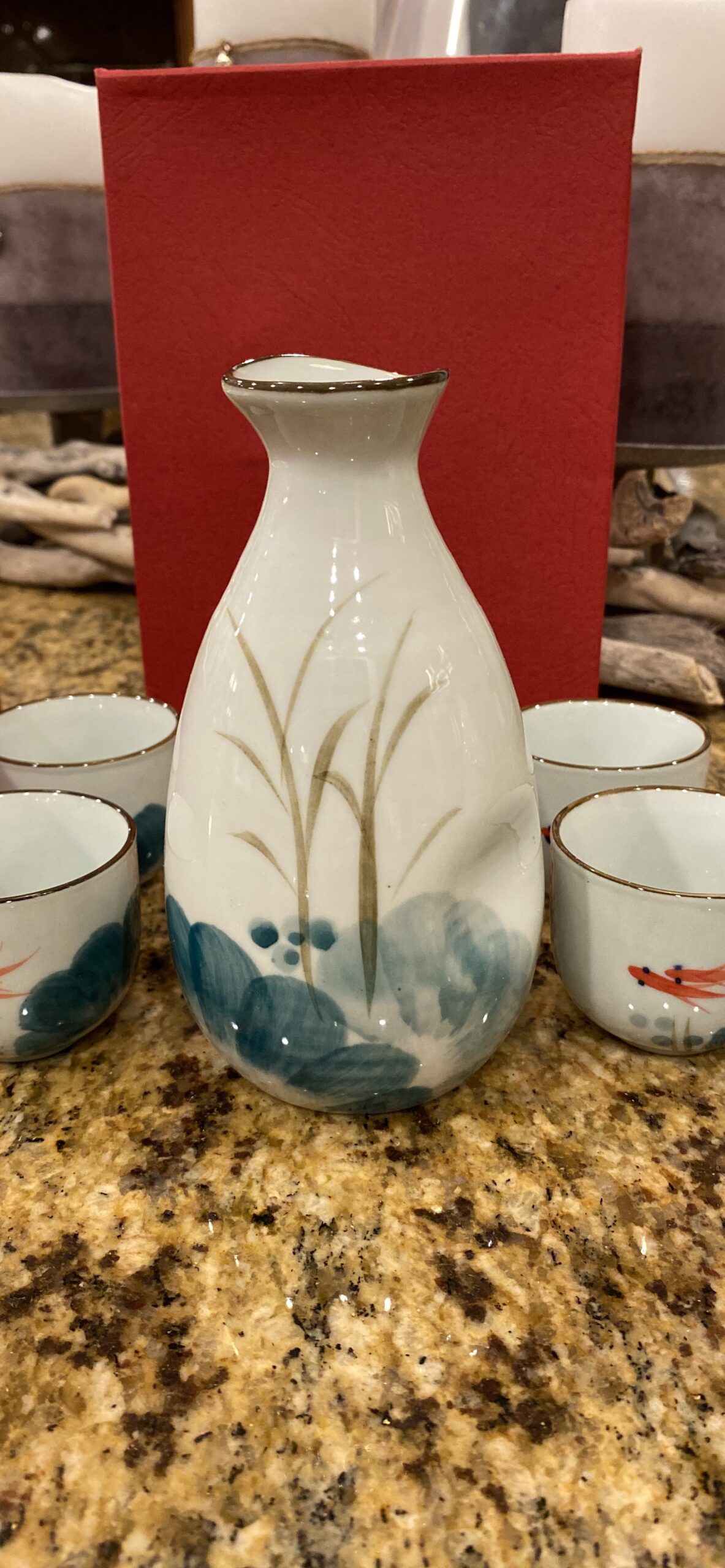 Japanese Sake Set 5 Pieces Traditional Sake Cup Set 4 Sake Cups 50ml and Sake Bottle 350ml Hand Painted Design Porcelain Pottery Ceramic Soju Cups Saki Glasses (Gold Fish) customer photo 2