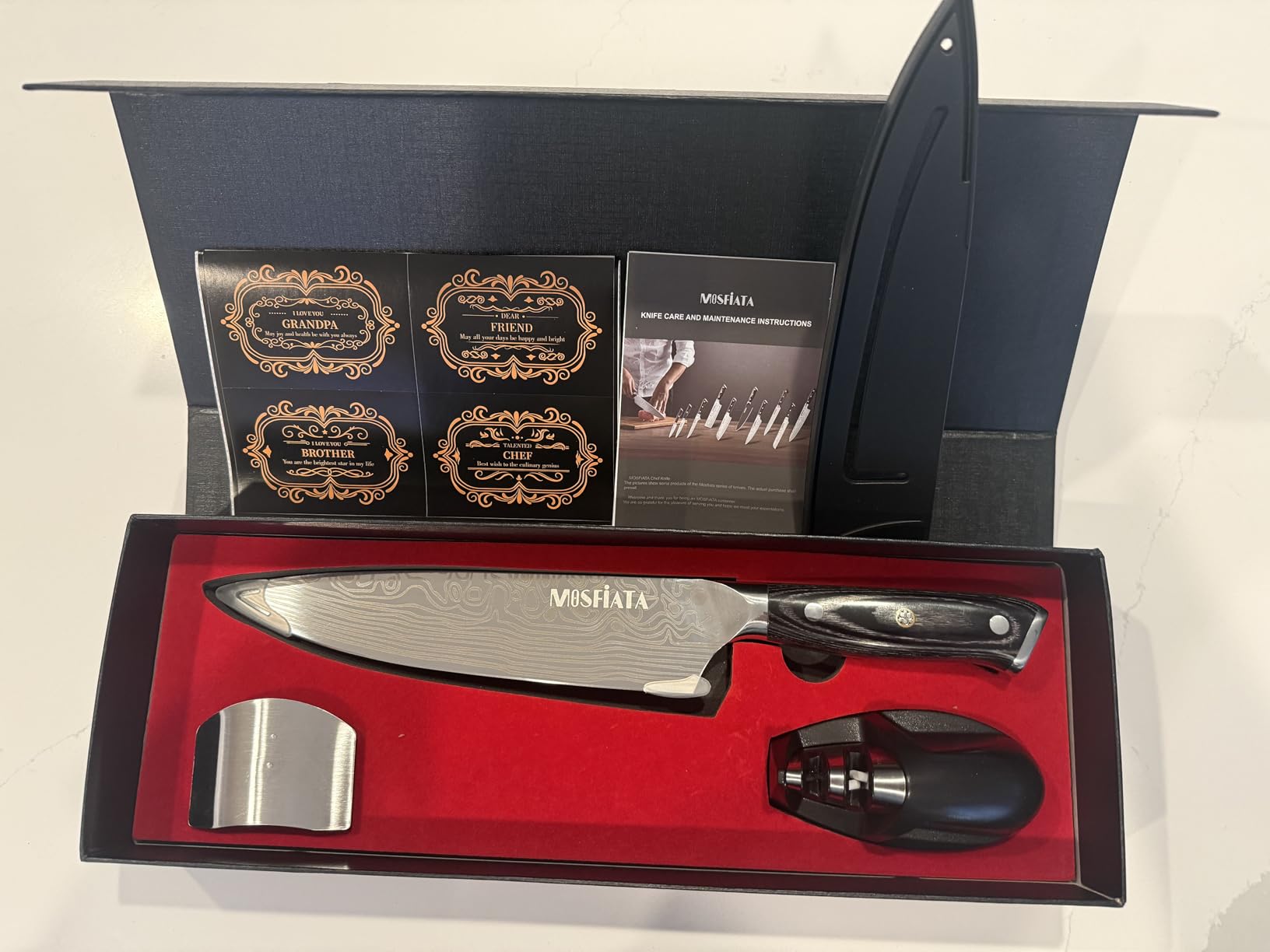 MOSFiATA Santoku Knife- 7 Inch Vegetable Knife Ultra Sharp Chopping Knife- Forged EN.4116 German Steel- Including Sheath,Finger Guard,Knife Sharpener,Full Tang,Best Gifts with Handmade Gift Box customer photo 2