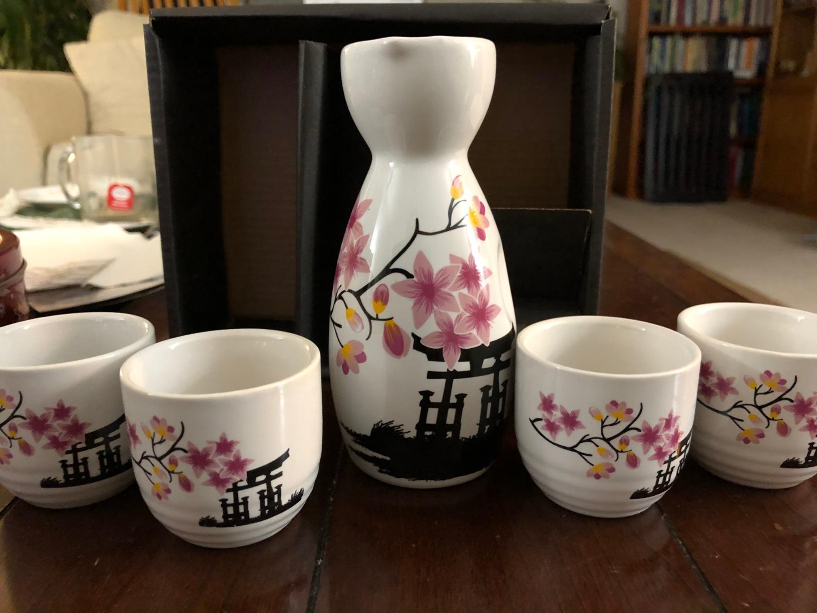 Japanese Ceramic Sake Set ~ 5 Piece Sake Set (Included 1 TOKKURI bottle and 4 OCHOKO cups) with White Plum-Flower Patterns Sake Wine Service Set customer photo 2