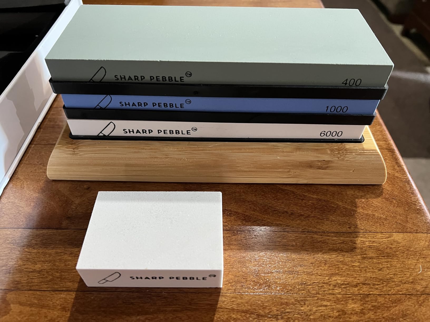 Sharp Pebble Knife Sharpening Stones Kit -Grits 400/1000/6000 Extra Large Whetstone- Wet Stone Knives Sharpener Set with NonSlip Bamboo Base & Flattening Stone customer photo 1