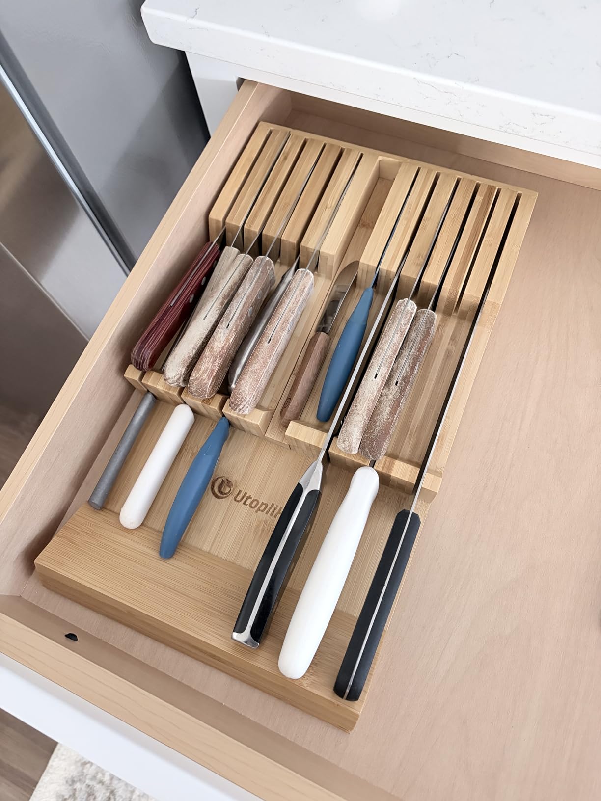 Utoplike In-drawer Knife Block Bamboo Kitchen Knife Drawer Organizer Large, handle Steak knife Holder without Knives, Fit for 16 Knife and 1 Sharpening Steel (Knives & Sharpening Not Included) customer photo 2