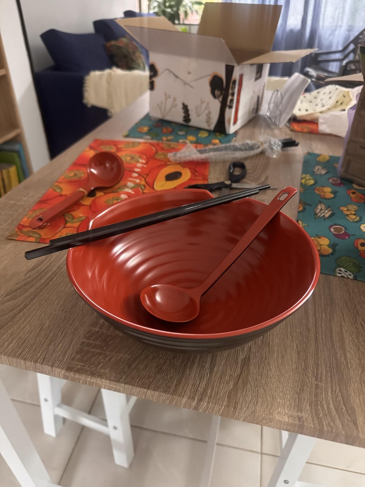 4 XL Ramen bowl set. 12 Pieces Pho Bowls. Asian Japanese soup. Utilt: Spoons and Chopsticks kit. Melamine, Large 52 oz. Noodles, Rice, Udon, Thai, Chinese, Korean, Udon, Wonton, Miso, 9 inch customer photo 1