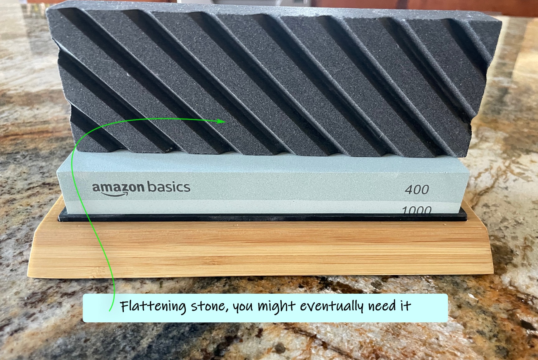 Amazon Basics Whetstone Knife Sharpening Stone Set, Double-sided 400/1000 and 3000/8000 Grit Stones, Flattening Stone with Angle Guide, Non-Slip Bamboo Base, 3 Count, Black & Grey customer photo 1