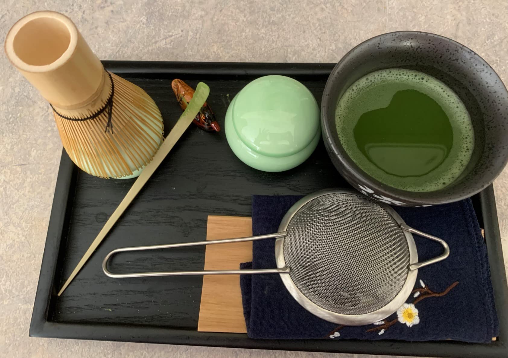 Artcome Japanese Matcha Tea Set, Matcha Whisk, Traditional Scoop, Matcha Bowl, Black Bamboo Tray, Ceramic Whisk Holder, Matcha Caddy, Handmade Matcha Ceremony Kit For Japanese Tea Ceremony (10Pcs) customer photo 1
