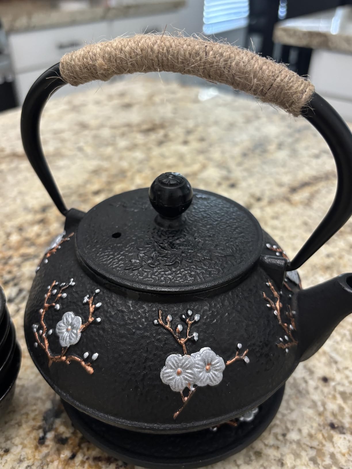Japanese Style Cast Iron Teapot with 4 Tea Cups Trivet Tetsubin Tea Kettle with Infuser Chinese Tea Set for Adults Iron Tea Pots Black (Magpie and Plum Pattern) customer photo 2