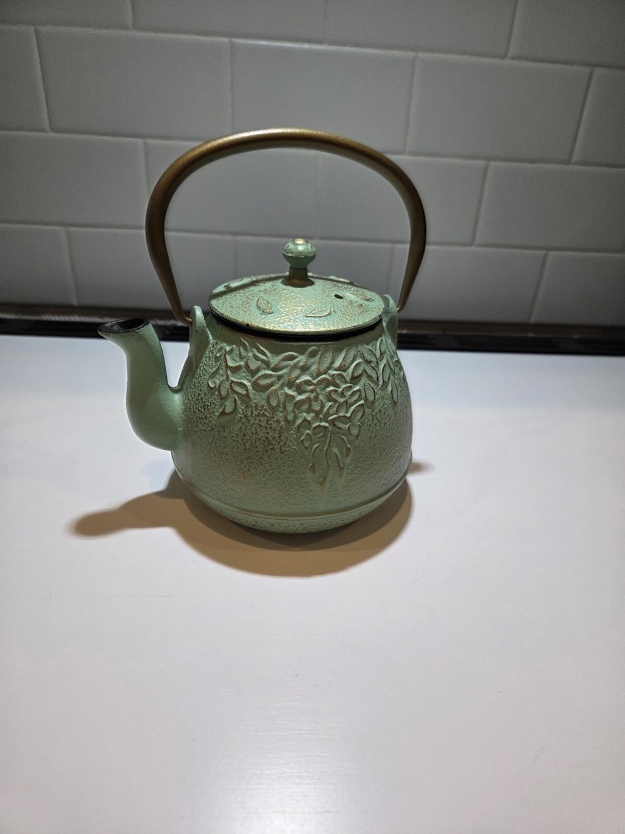 Tea Kettle, TOPTIER Japanese Cast Iron Teapot with Infuser, Leaf Design Cast Iron Tea Pot Stovetop Safe Coated with Enameled Interior for 40 Ounce (1200 ml), Dark Green customer photo 1