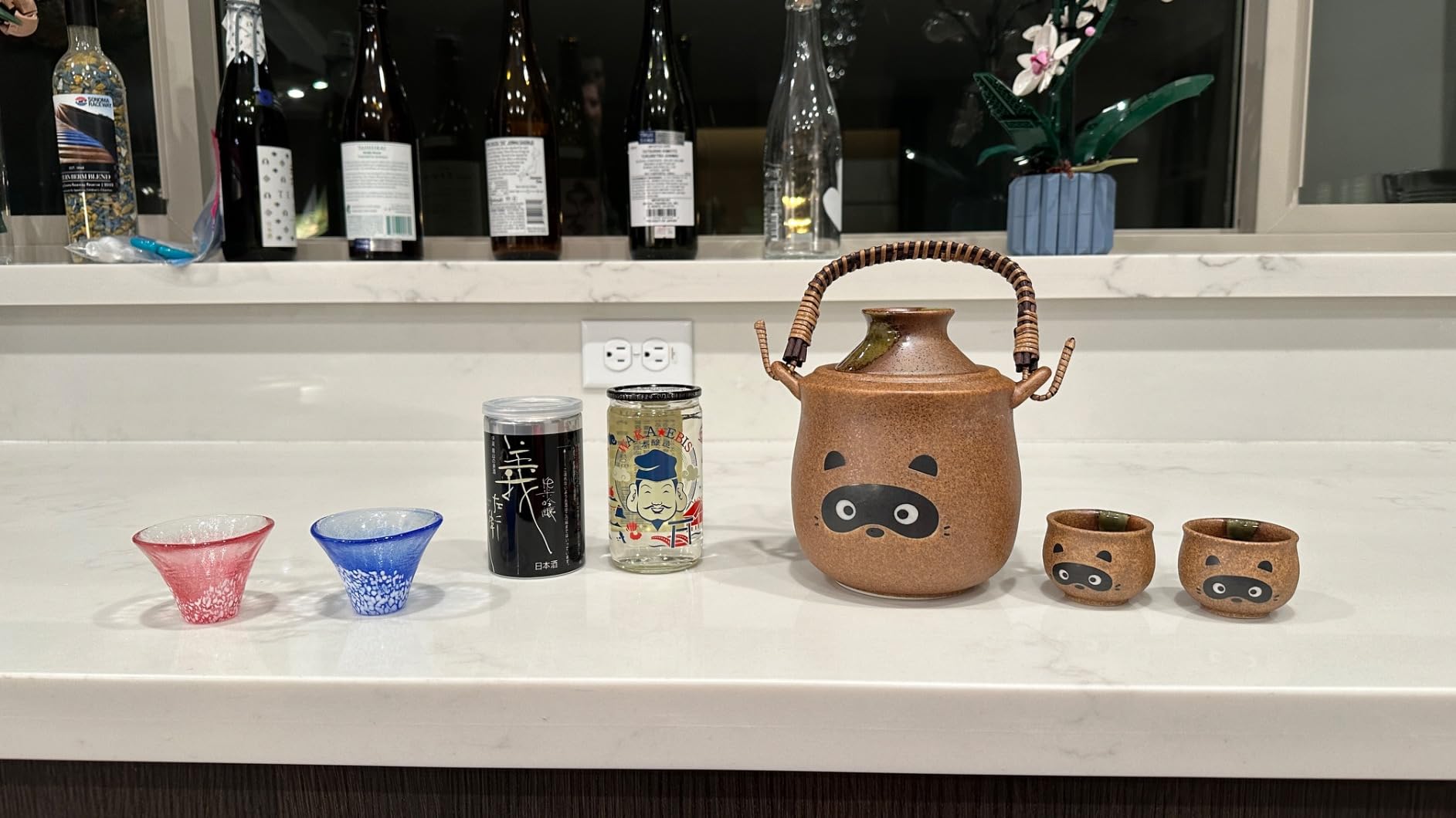 Traditional Japanese Pottery Sake Set - Exquisite Mino Ware Ceramic 4-Piece Tanuki Raccoon Set With Warmer, Bottle and Cups customer photo 1