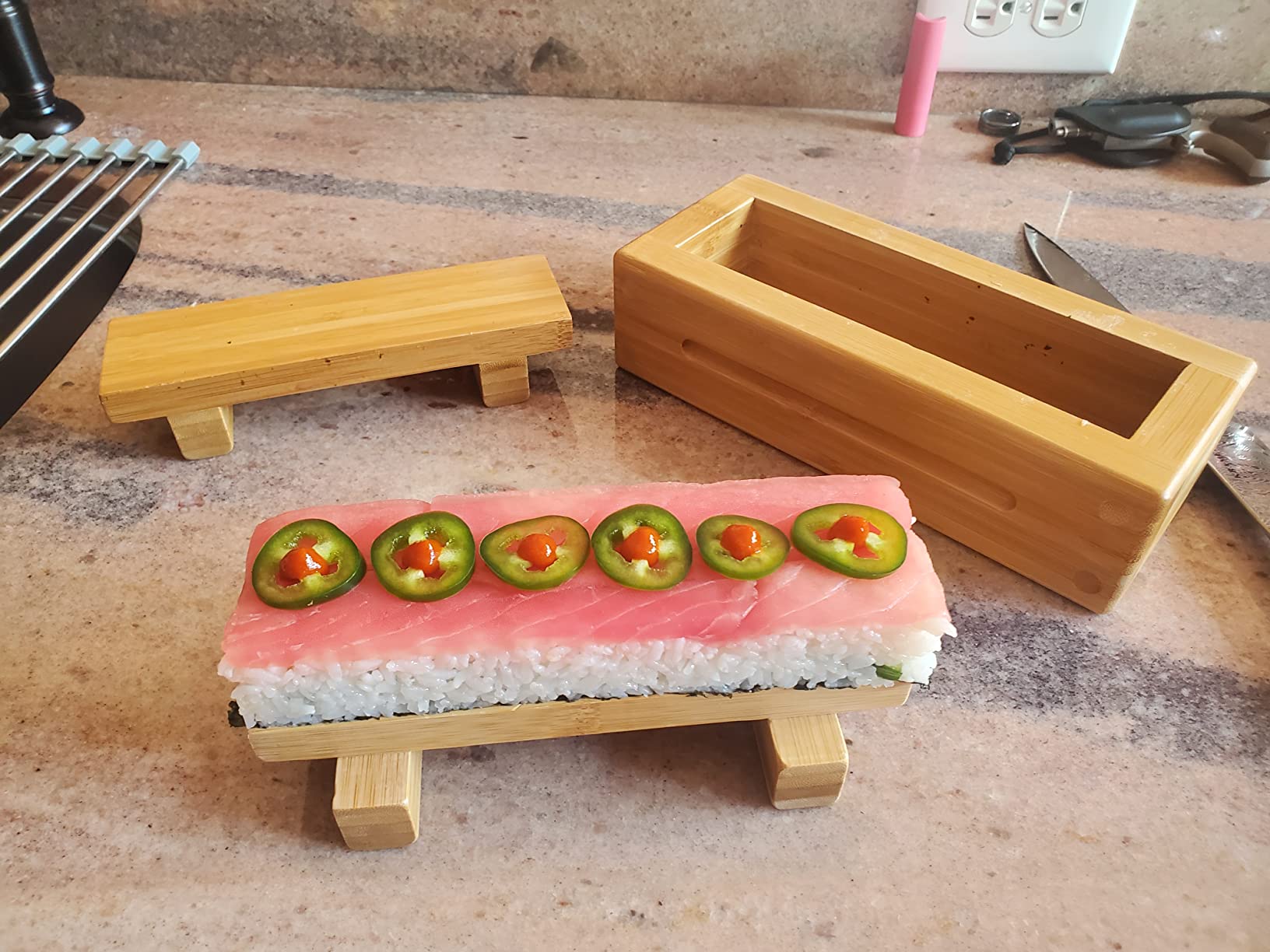 Yardwe Bamboo Wooden Sushi Press Mold Box, Traditional Oshizushi Maker for Rice Rolls, Diy Sushi Making Kit for Beginners and Home Use, 8.66 X 3.74 X 3.14 Inches customer photo 1