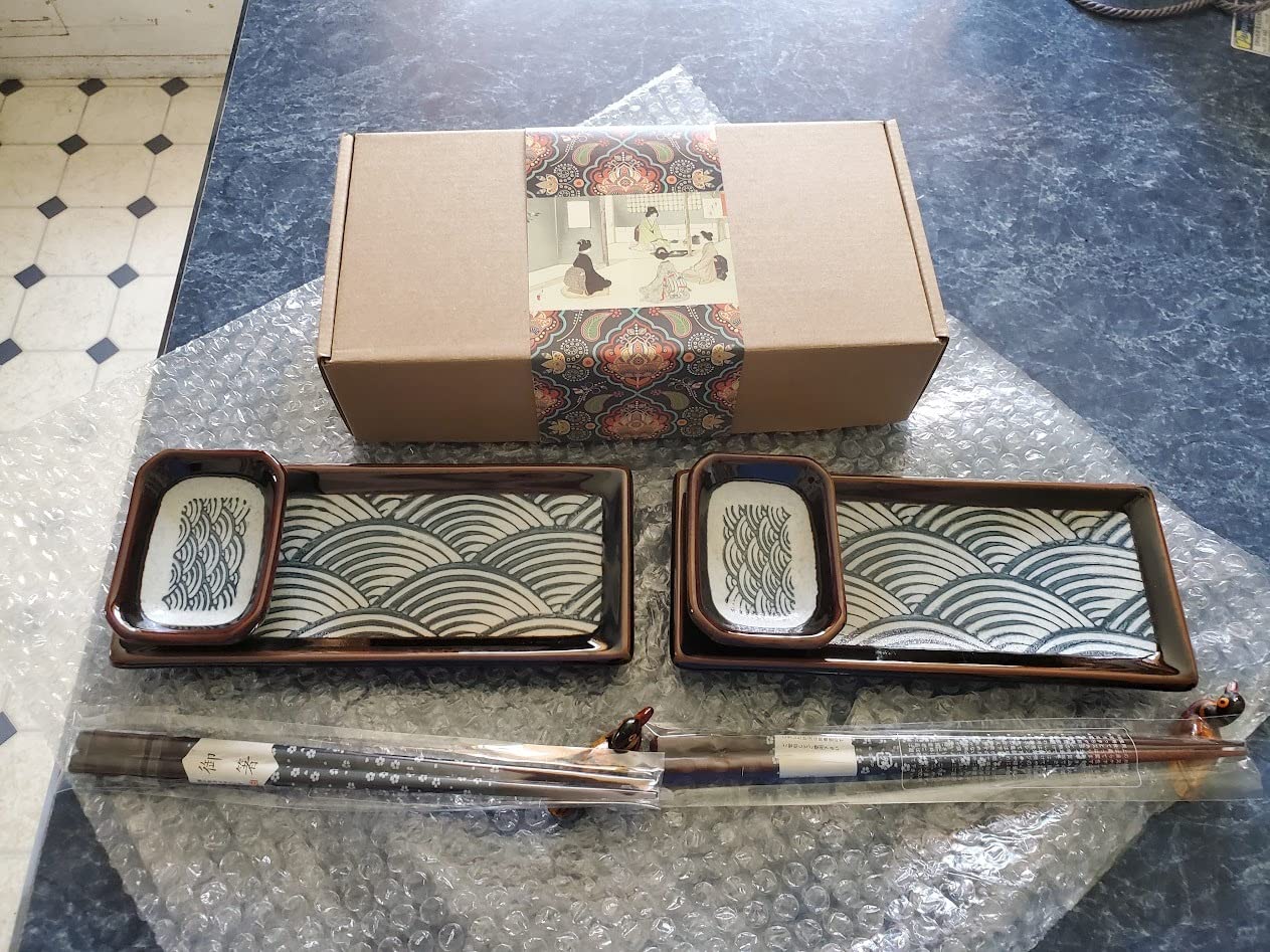 Artcome 8 Piece Japanese Style Ceramic Sushi Plate Dinnerware Set for Wedding Housewarming - 2 Sushi Plates, 2 Sauce Dishes, 2 Pairs of Chopsticks, 2 Chopsticks Holders customer photo 1