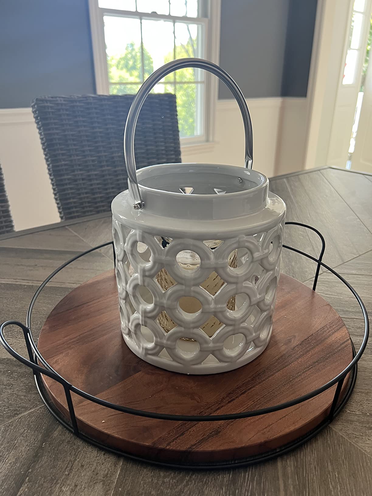Deco 79 Ceramic Circles Decorative Candle Lantern with Cut Out Design, 7