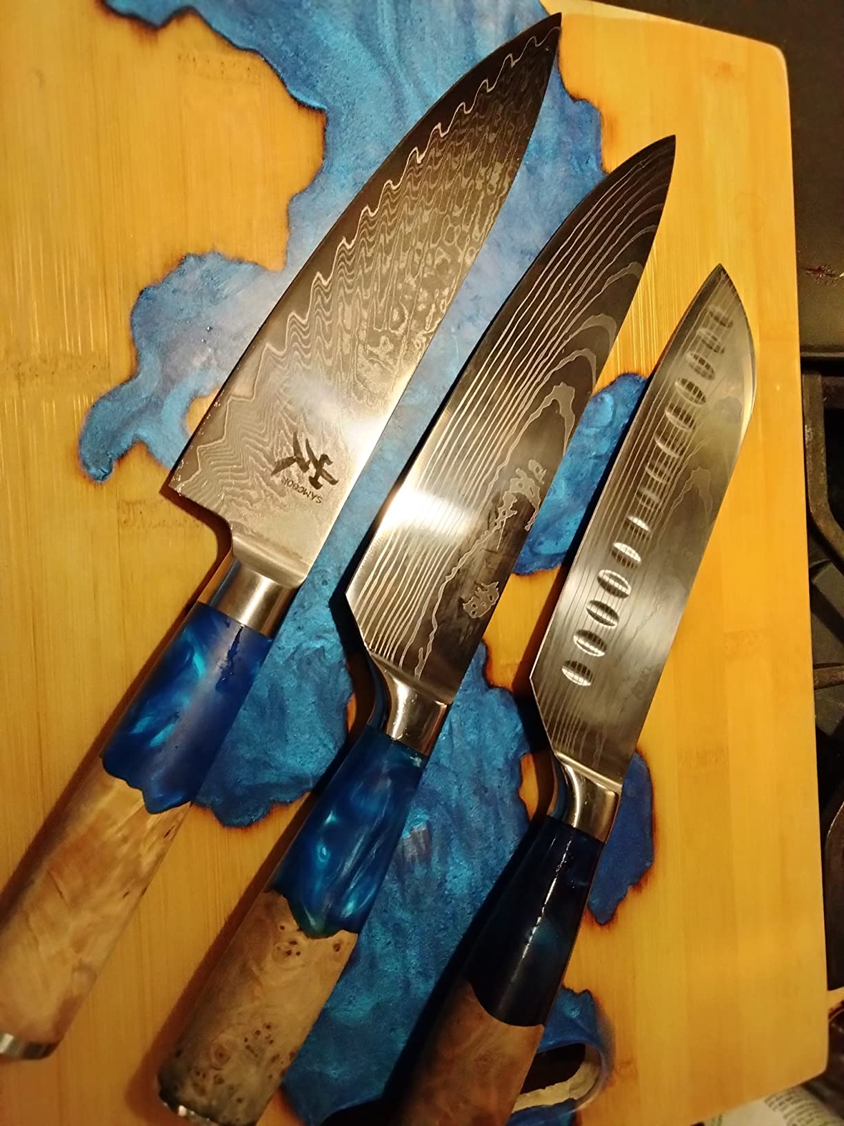 SAMCOOK Damascus Chef Knife - 8 Inch Professional Sharp Gyuto Knife - Japanese VG-10 High Carbon Stainless Steel Kitchen Cooking knife - Ergonomic Blue Resin Wood Handle with Gift Box customer photo 1