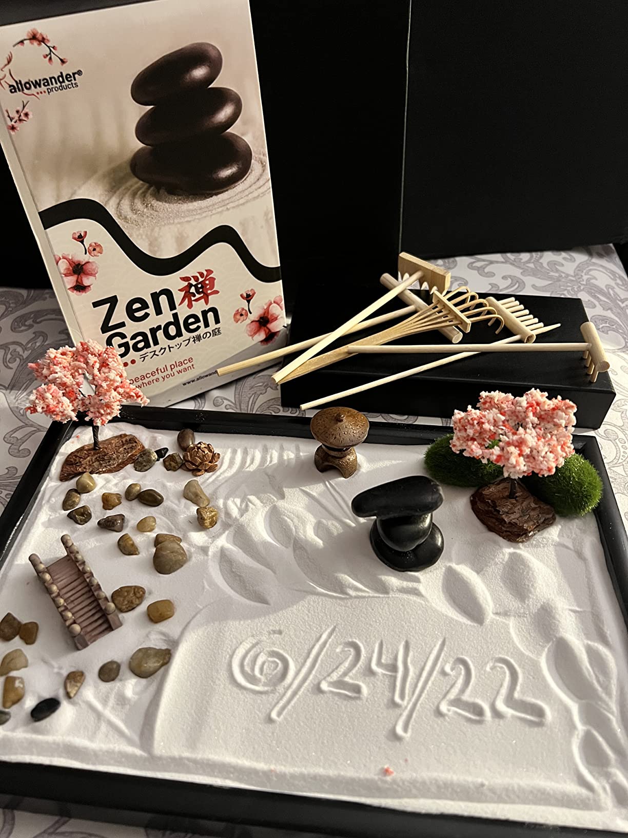 Zen Garden Kit for Desk 12x8in Sand Tray, Japanese Gift Set 14 Accessories and 6 Tools, Meditation Mini Zen Garden, Zen Sand Garden, Home Office Desk Decorations, Therapy Kit, Rock Decor customer photo 2