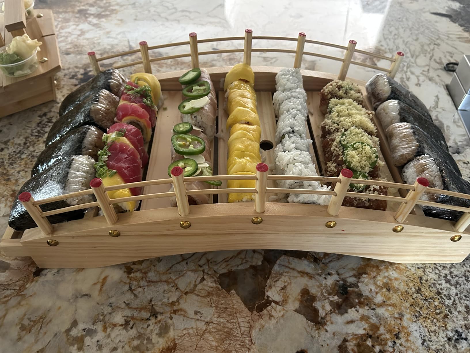 Wooden Arch Bridge Sushi Boat Serving Tray, Sushi Bridge Serving Plate Food Platter for Restaurant or Home (38 x 19 x 13cm / 14.9 x 7.4 x 5.1inch) customer photo 1