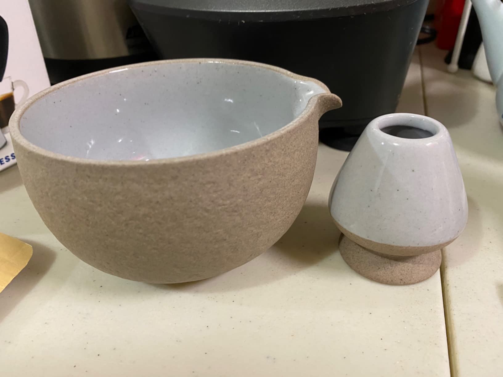 TEANAGOO 2 Pcs Matcha Bowl with Spout, Ceramic 18 OZ Matcha Bowl Set and Whisk Holder, Matcha Chawan, Grey Matcha Cup with Stand, Green Tea Mixing Bowl, Gift Set for Matcha Lover customer photo 1