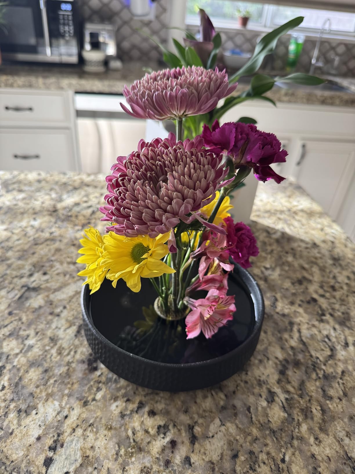 Japanese Ikebana Vase Kit, Flower Shallow Container Ceramics Ikebana Vase with 1.57inch Flower Frog and Floral Frog Floristry Kenzan Needle Straightening Tool (Frosted Bowl A with Spots) customer photo 1