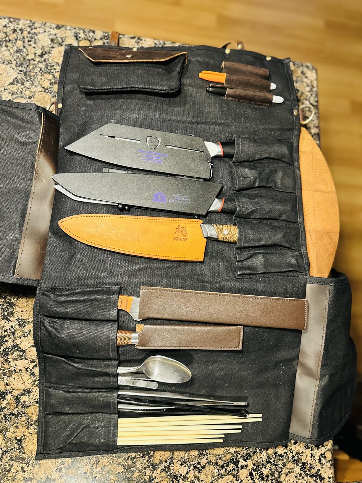 KYOKU Chef Knife Roll Bag, Kitchen Knife and Utensil Holder with 10 Slots 3 Cutlery Holders for Chef Knife Set, Oiled Leather and Waxed Canvas Knife Roll Up Travel Bag with Adjustable Strap, Black customer photo 1