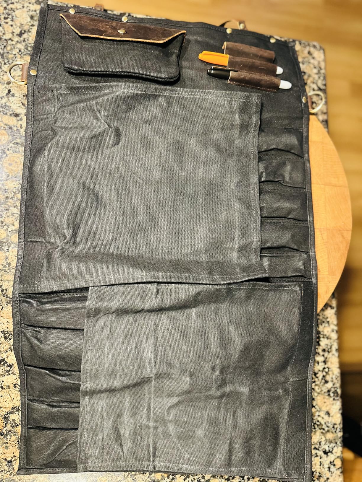 KYOKU Chef Knife Roll Bag, Kitchen Knife and Utensil Holder with 10 Slots 3 Cutlery Holders for Chef Knife Set, Oiled Leather and Waxed Canvas Knife Roll Up Travel Bag with Adjustable Strap, Black customer photo 2