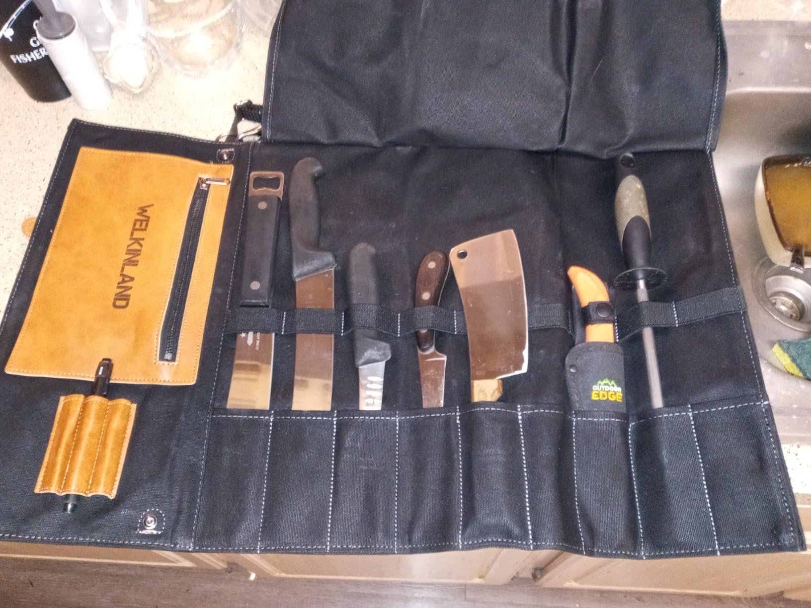 WELKINLAND 14-Pockets Knife Roll, Waxed Canvas Leather Knife Roll, Knifes bag holders, Chef Knife Roll Bag, Chef knife roll, Knife Roll Bag for Pocket Knives customer photo 2