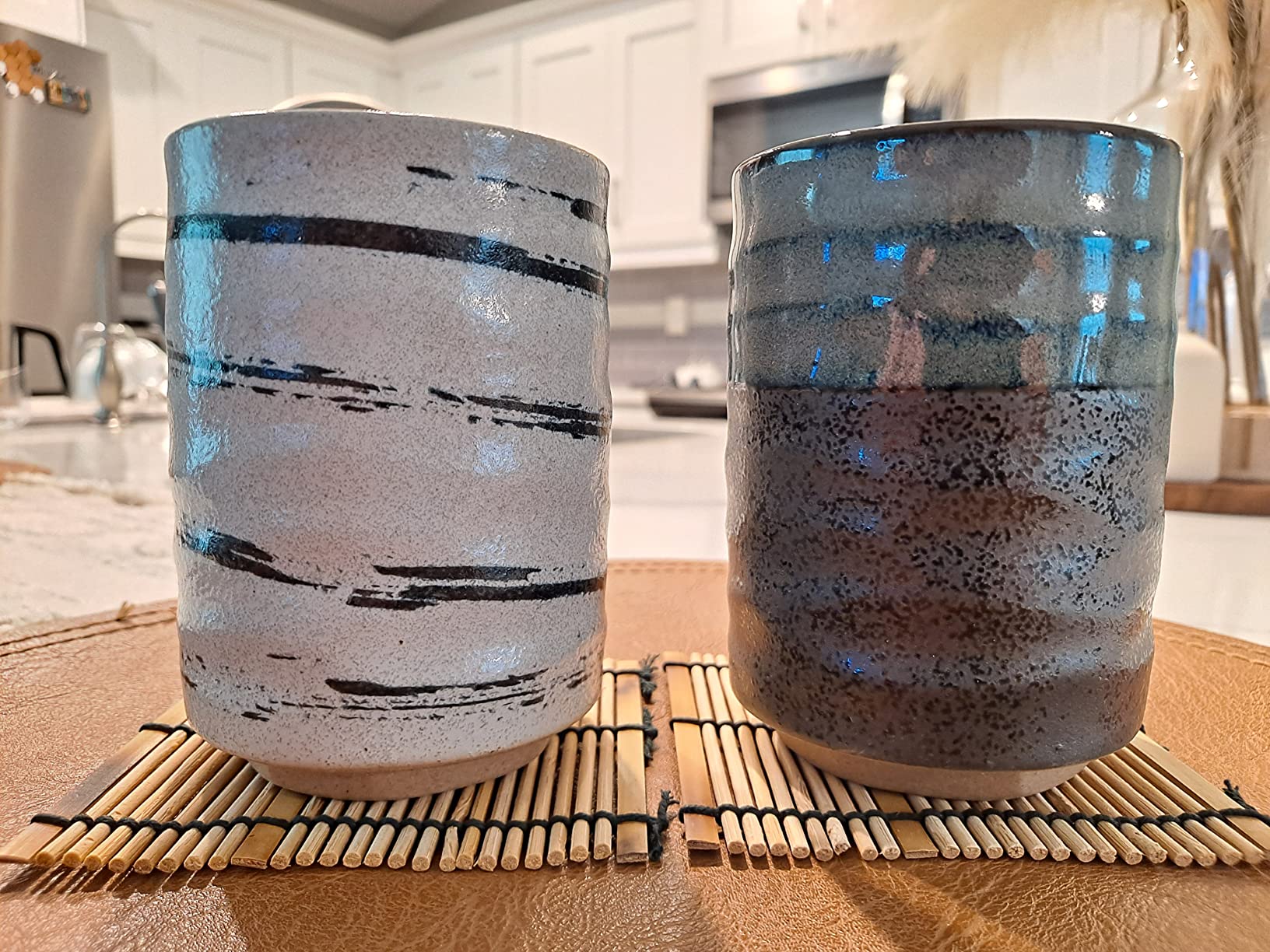 Japanese Tea Cups Sushi-Yunomi Mino Ware With Bamboo Coaster (Set of 2) (Black White) customer photo 2