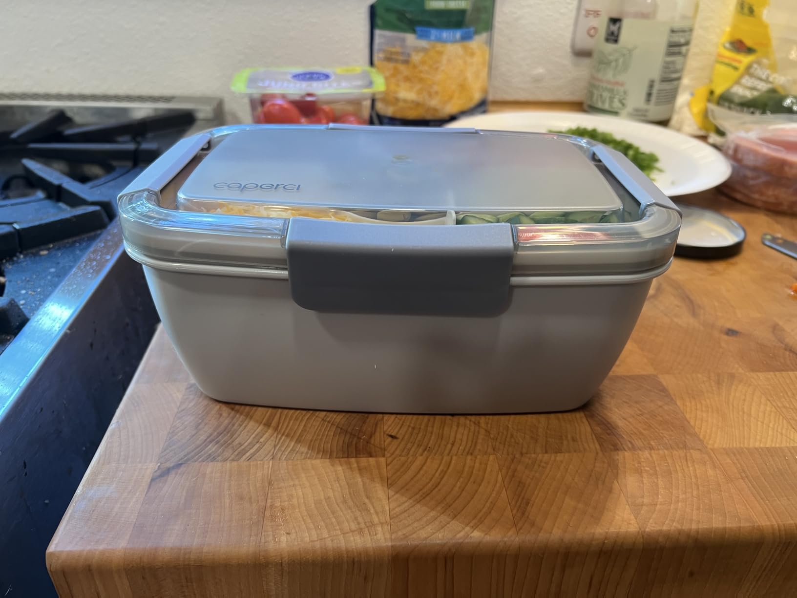 Caperci Large Salad Container for Lunch - Better Adult Bento Lunch Box 68 oz, 5-Compartment Tray, 2pcs 3-oz Sauce Cups, Stackable, BPA-Free (Gray) customer photo 2