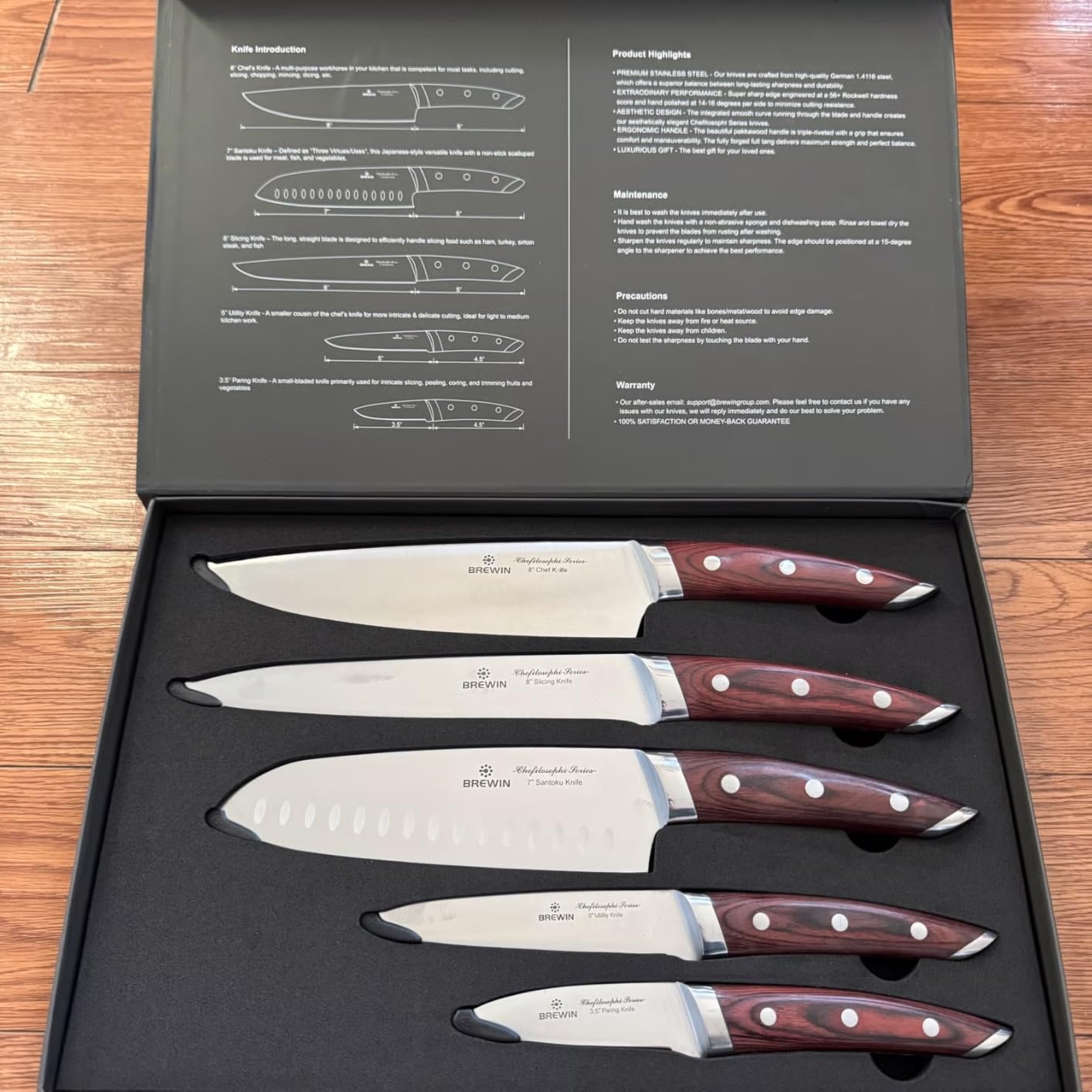 Brewin CHEFILOSOPHI Japanese Chef Knife Set 5 PCS with Elegant Red Pakkawood Handle Ergonomic Design,Professional Ultra Sharp Kitchen Knives for Cooking High Carbon Stainless Steel customer photo 2
