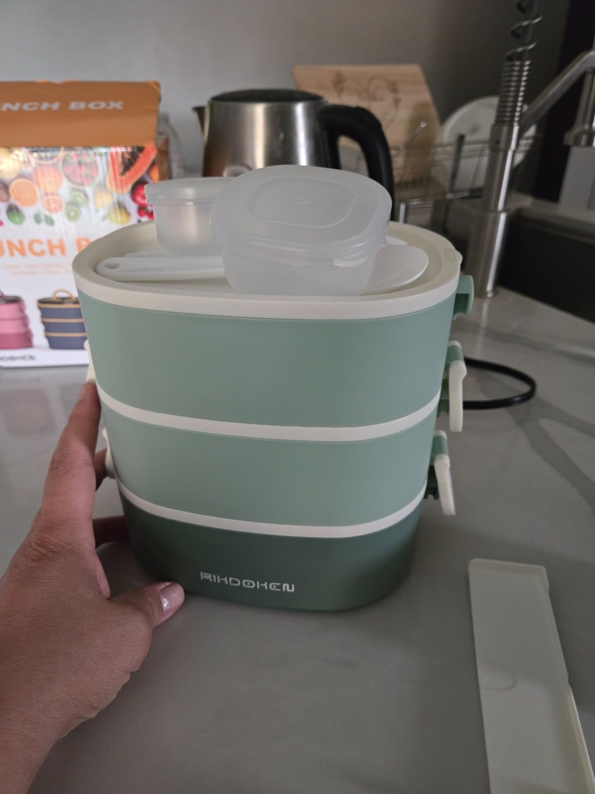 RIKDOKEN Lunch Box, Stackable 3 Layers Containers, Portable 94OZ Large Capacity Leakproof Bento Box with Spoon & Fork & Sauce Boxes, Microwave Safe Lunch Box for Kids and Adults customer photo 1