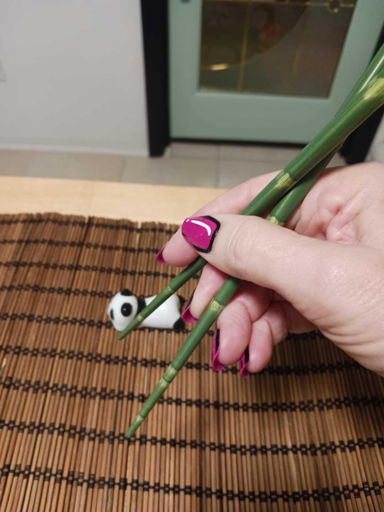 Wooden Chopsticks Reusable 5 Pairs Gift Set with 5pcs porcelain rest Panda and Green Bamboo Design Hand-Made 8.8 Inch/22.5cm customer photo 2