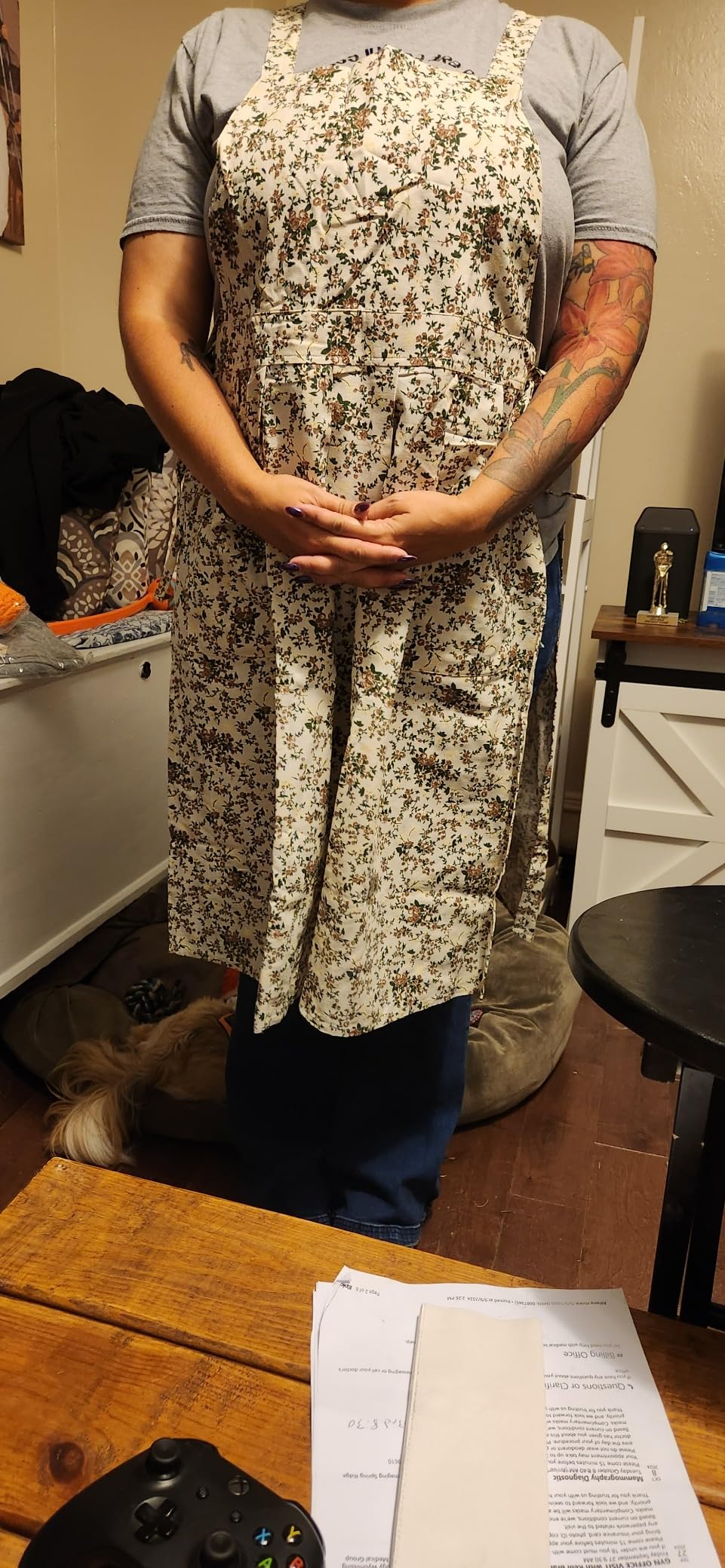 Pinafore Apron Dress，Japanese Cotton Linen Cross Back Apron for Women with Pockets，Pinafore Dress with Waist Ties (White flower) customer photo 1