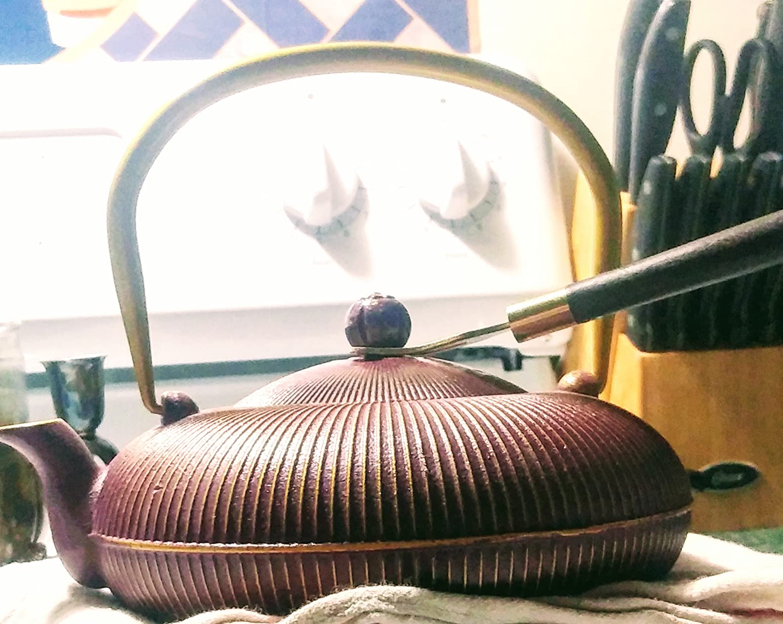 Tea Set Tea Kettle Japanese Style Beautiful Black Cast Iron Teapot Set with 4 Cups,4 Cup Mats,1 Trivet and 1 Lid Holder,40.6oz Teapot with Infuser for Stove Top Safe customer photo 1