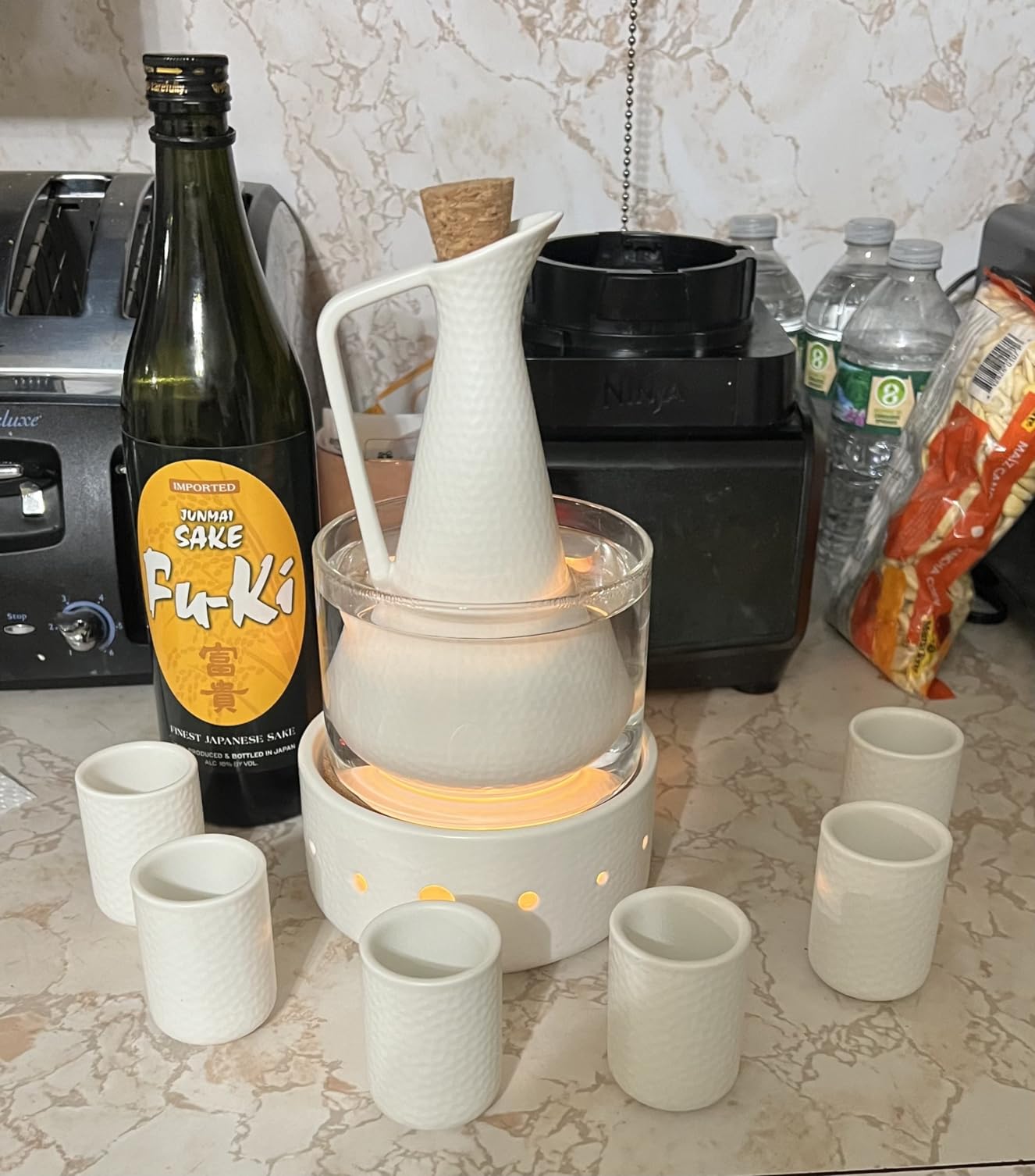 ZENS Sake Set with Warmer, 12 Ounce Embossed Ceramic Sake Bottle 6 Sake Cups and Glass Pot for Hot or Cold Japanese Sake, Sake Carafe Gift Sets with Cotton Towel customer photo 2