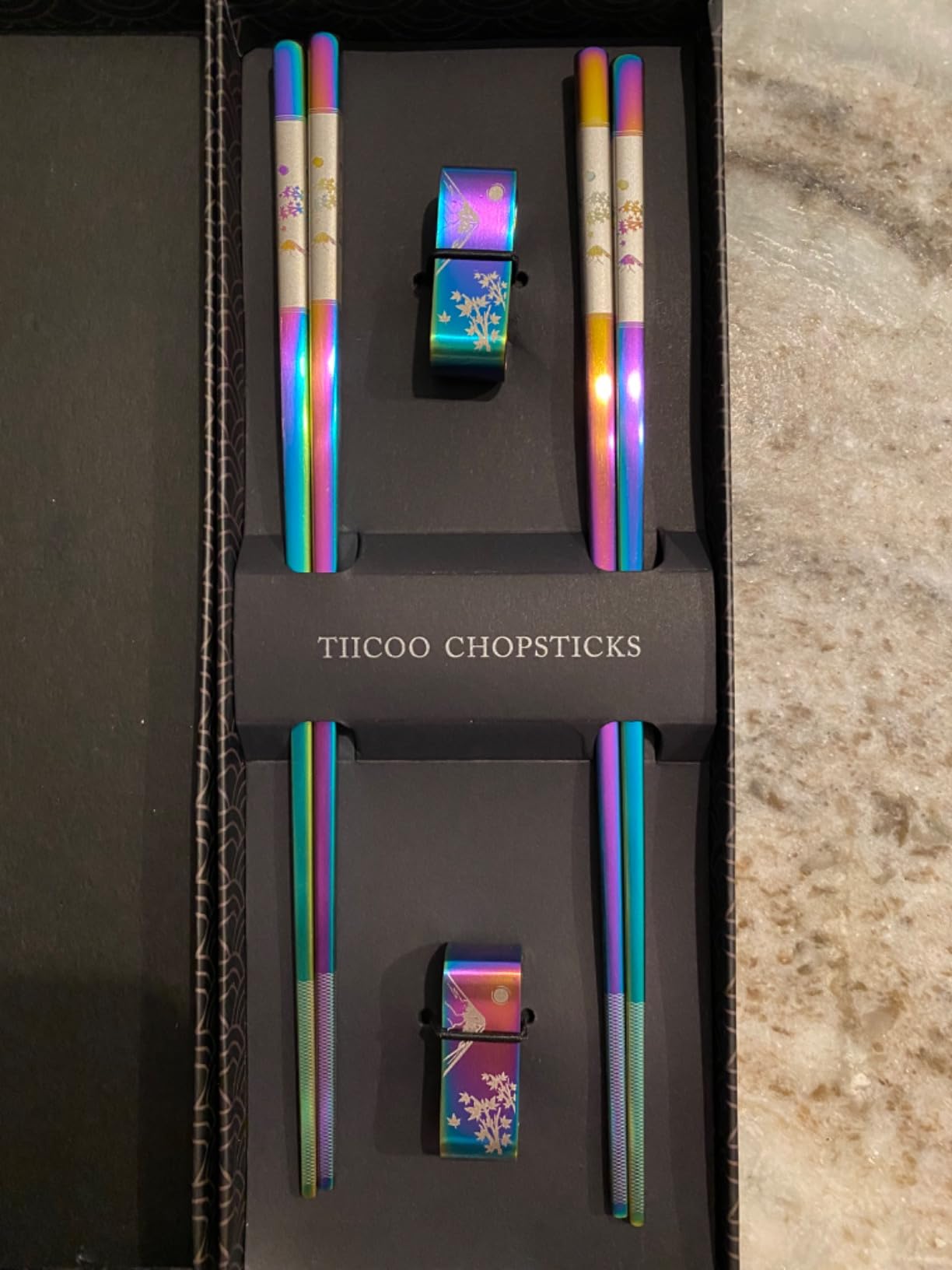 Premium 304 Stainless Steel Chopsticks Set - 2 Pairs Titanium Plated Japanese Style with Laser Engraved Design, Dishwasher Safe, Non-Slip Grip, Elegant Gift Box (Black) customer photo 2