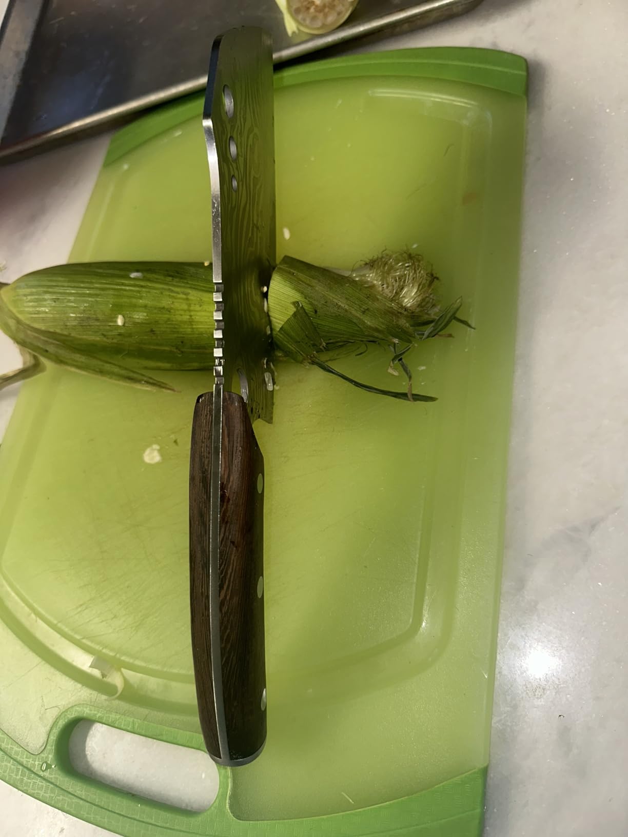 SYOKAMI Meat Cleaver Chef Knife with Sheath, 7.7 Inch Butcher Knife with Herb Stripper, Chopping Knife Heavy Duty Bone Cutting, Damascus Pattern Full Tang Wood Handle, Birthday Gift for Men customer photo 2