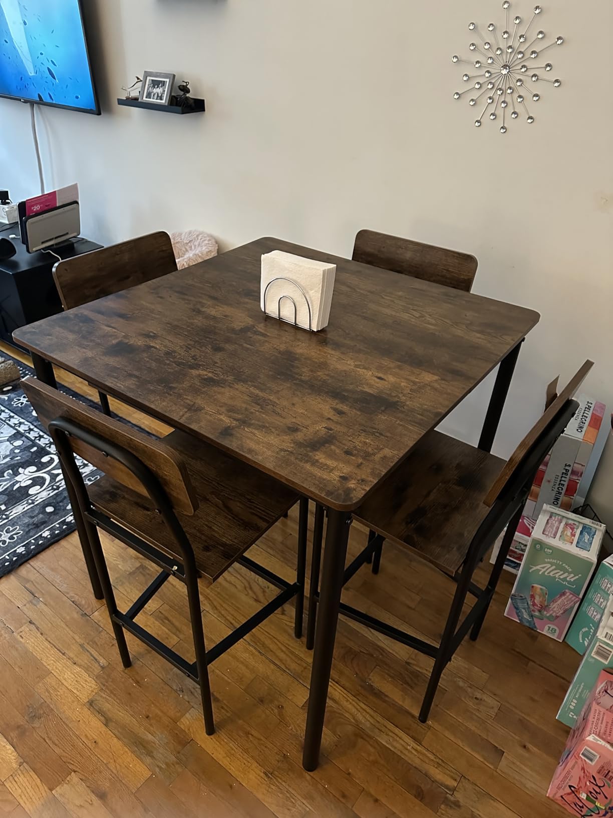 Giantex 5-Piece Dining Table Set W/Counter Height Table & 4 Bar Stools, Modern Kitchen Dining Set W/Footrest & Backrest, Space-Saving Dinette Set for Pub, Dining Room, Restaurant (Black Oak) customer photo 2