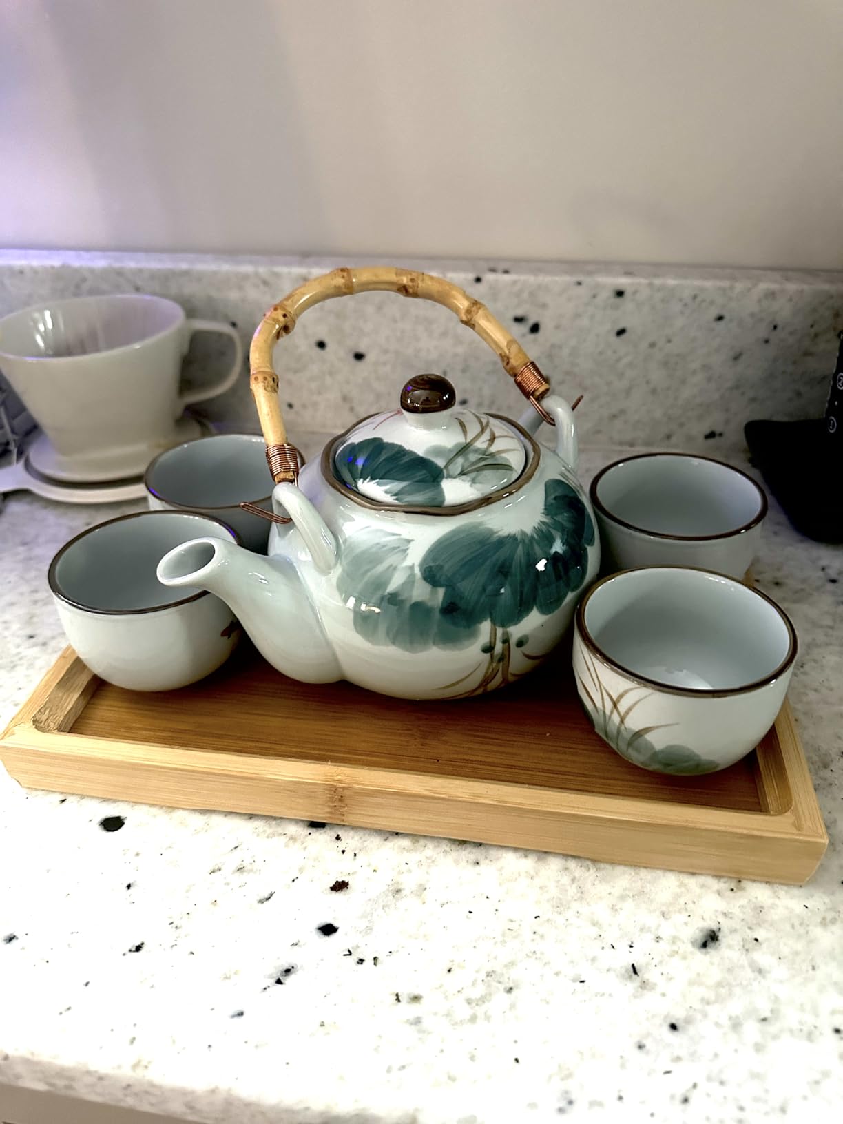Japanese Tea Set Porcelain Tea Set with Teapot and Tea Cup Set for 4, Blue and White Tea Sets for Adults with Stainless Infuser and Bamboo Tray, Asian Tea Set for Tea Lovers/Women/Men (Plum & Bamboo) customer photo 1