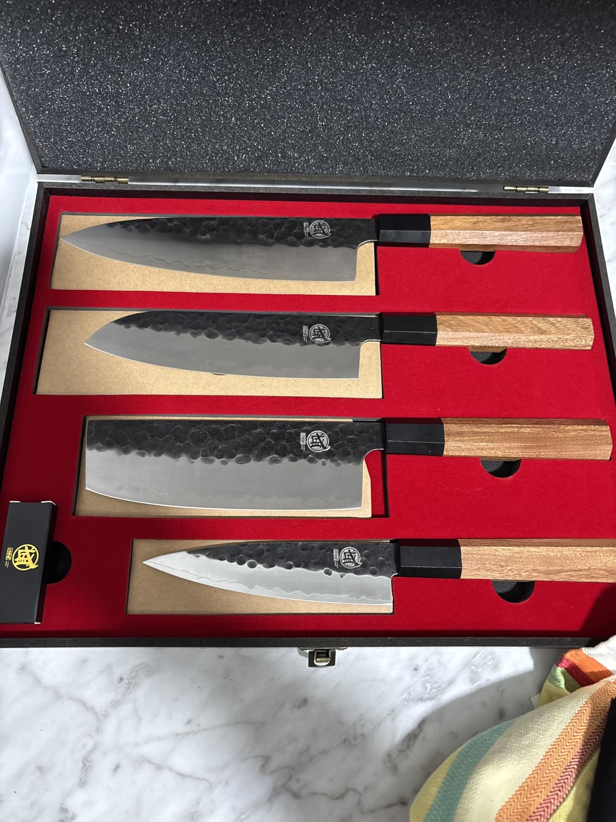 MITSUMOTO SAKARI Japanese Chef's Knife Set 4 Pcs, Professional Hand Forged Kitchen Chef Knife Set, High Carbon Ultra Sharp Cooking Chefs Knife Set (Rosewood Handle & Sandalwood Box) customer photo 2