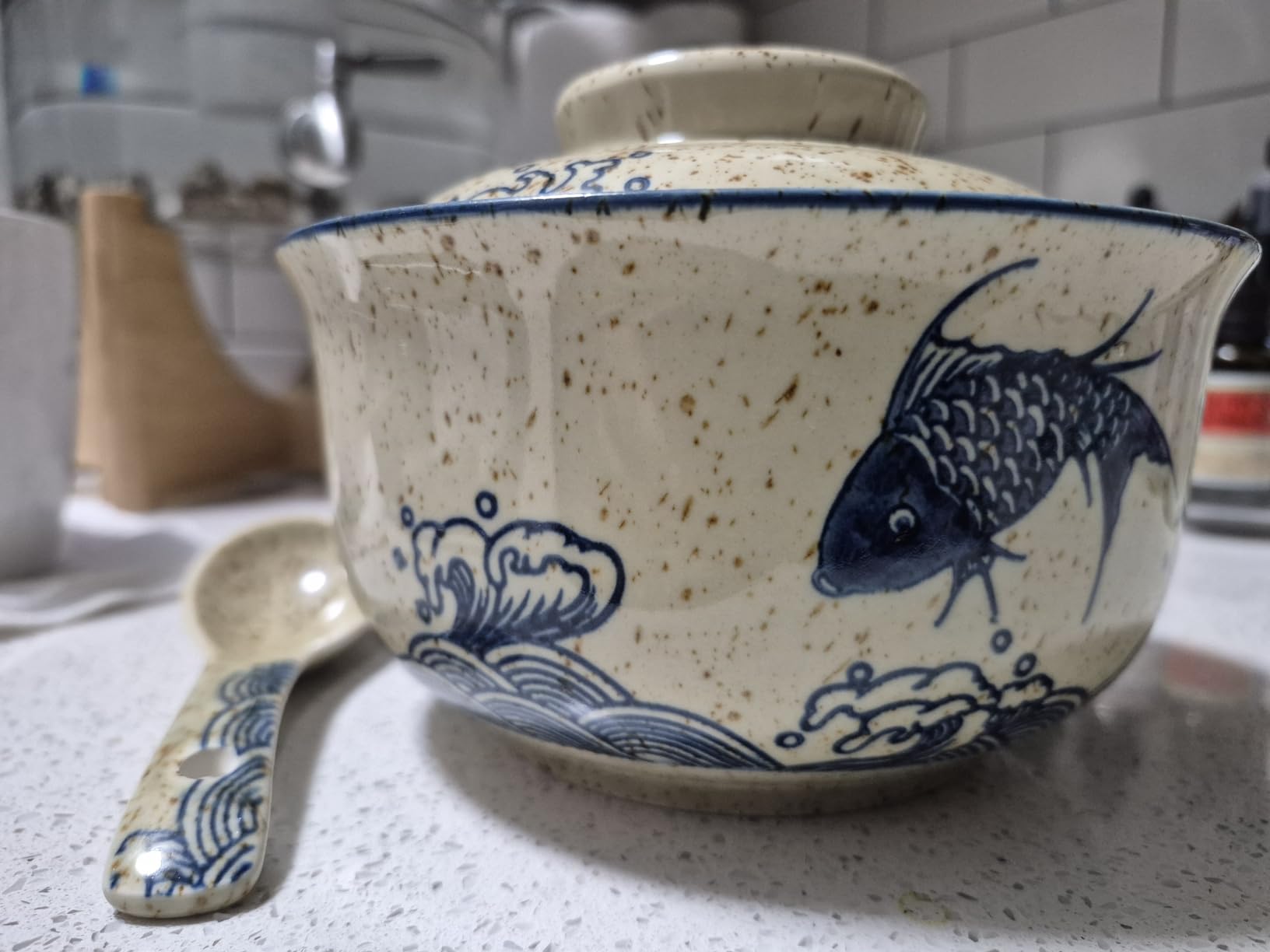 Ceramic Ramen Bowl Set, 800ml, with Lid, Spoon and Chopsticks, Japanese Vintage Large Soup Bowls Instant Noodle Bowl Asian Tableware (Fish*1) customer photo 2