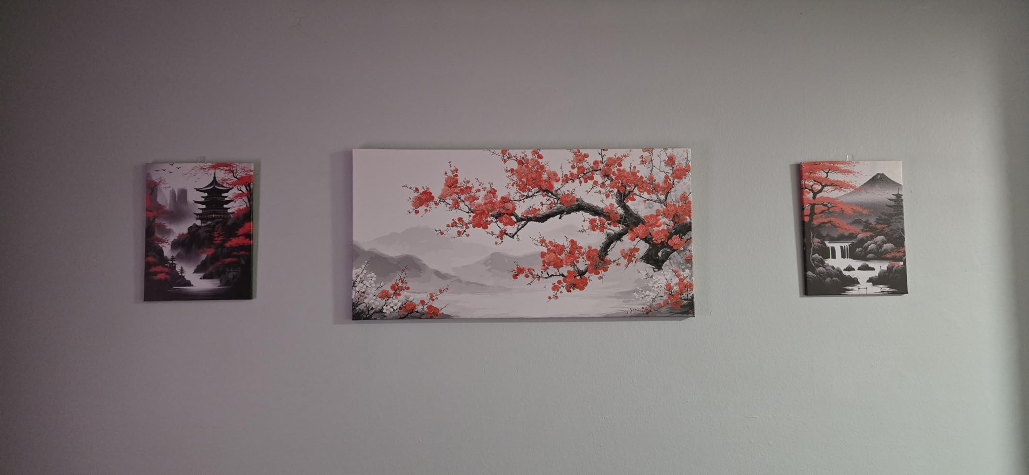 PBXBJY Japanese Canvas Wall Art 3 Pieces Japanese Landscape Painting Prints Red and Black Cherry Blossom Trees Building Pictures Living Room Office Decor Frame (12x16inchx3Pcs) customer photo 2